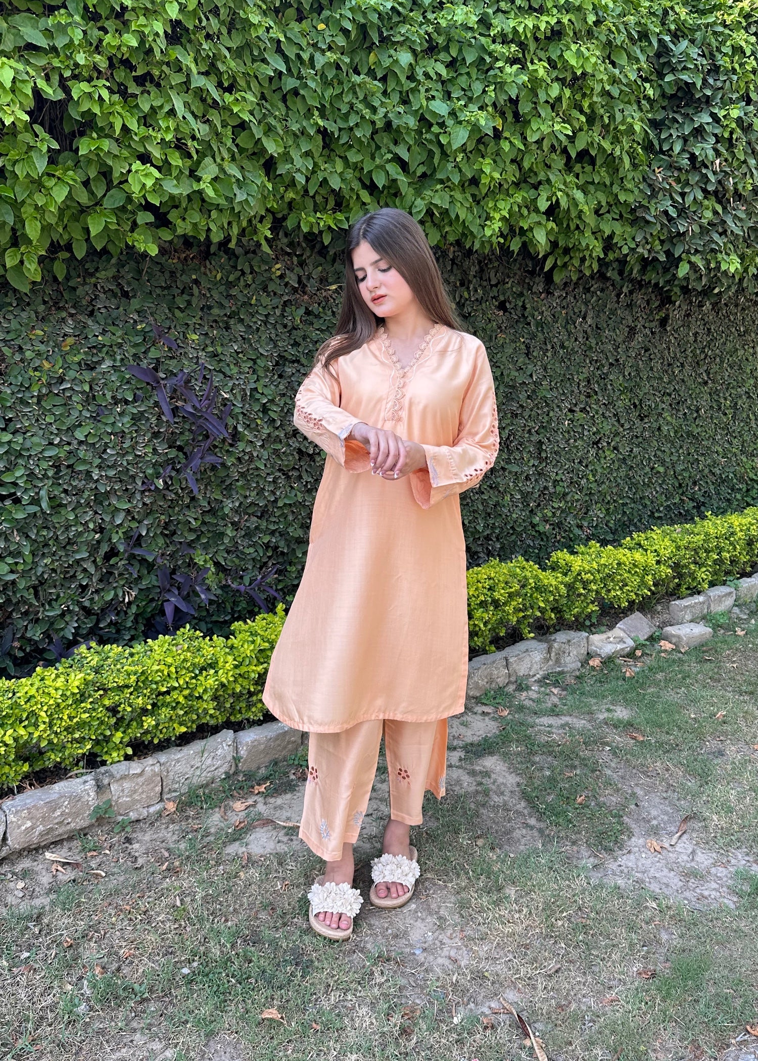 arabic lawn Kurta Set in Peach orange