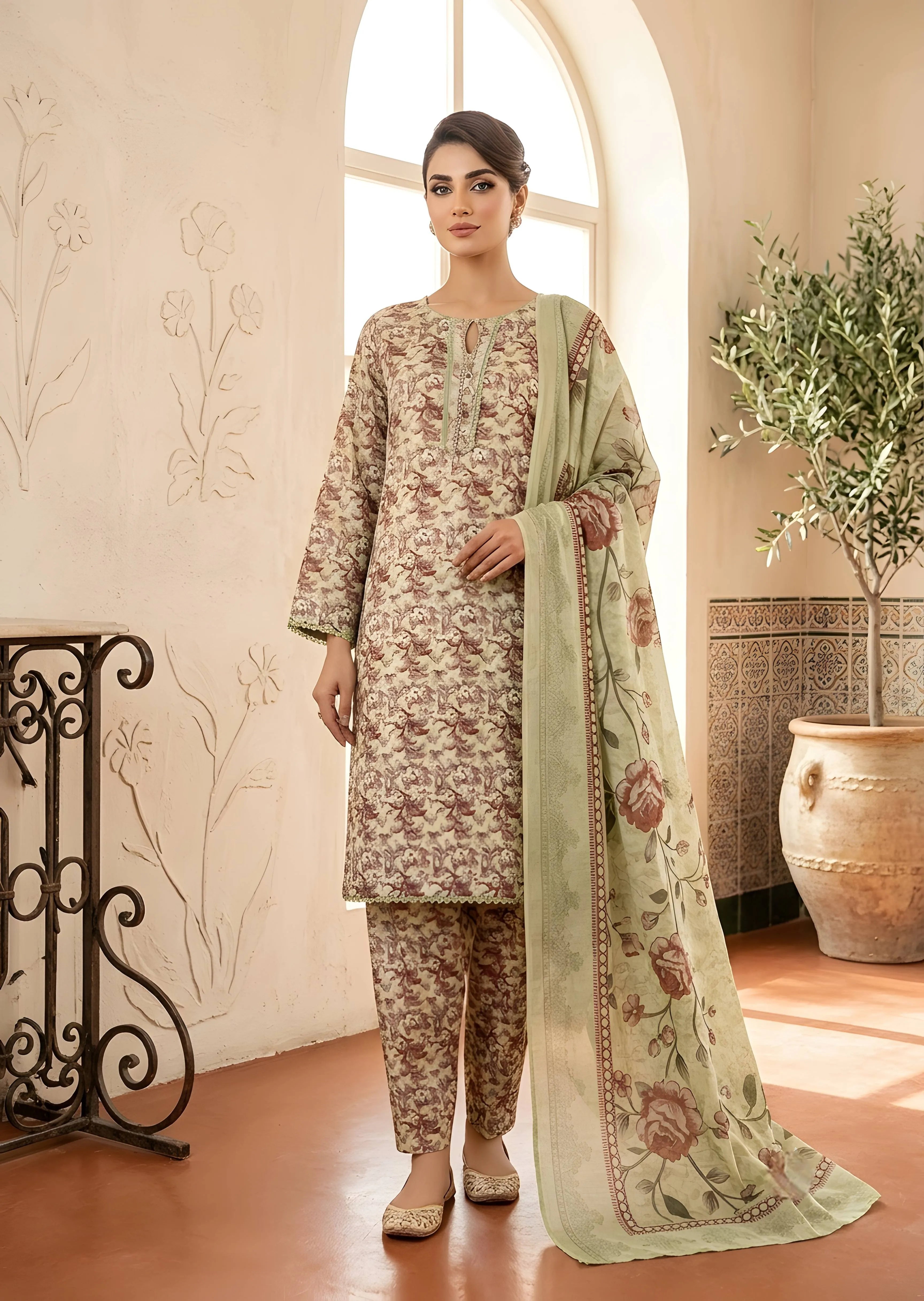 arabic lawn Kurta Set in Pistachio green