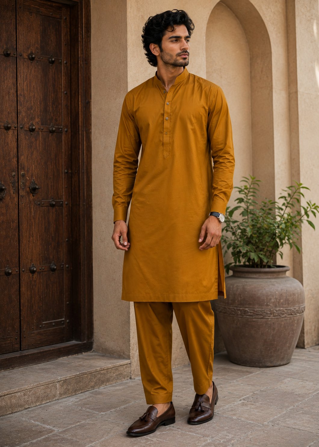 wash & wear Kurta Set in Brown, mustard