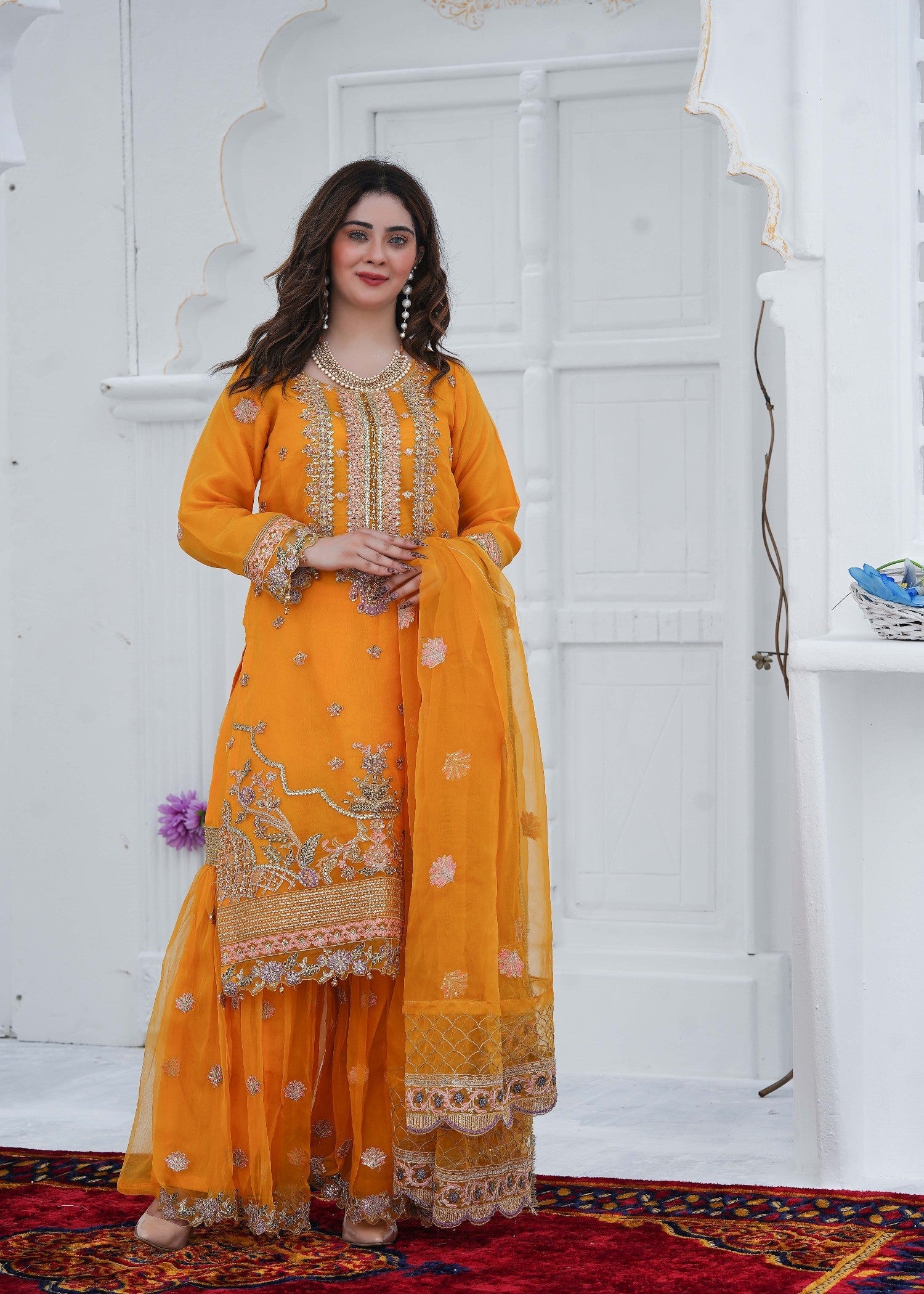 organza Gharara in Golden orange