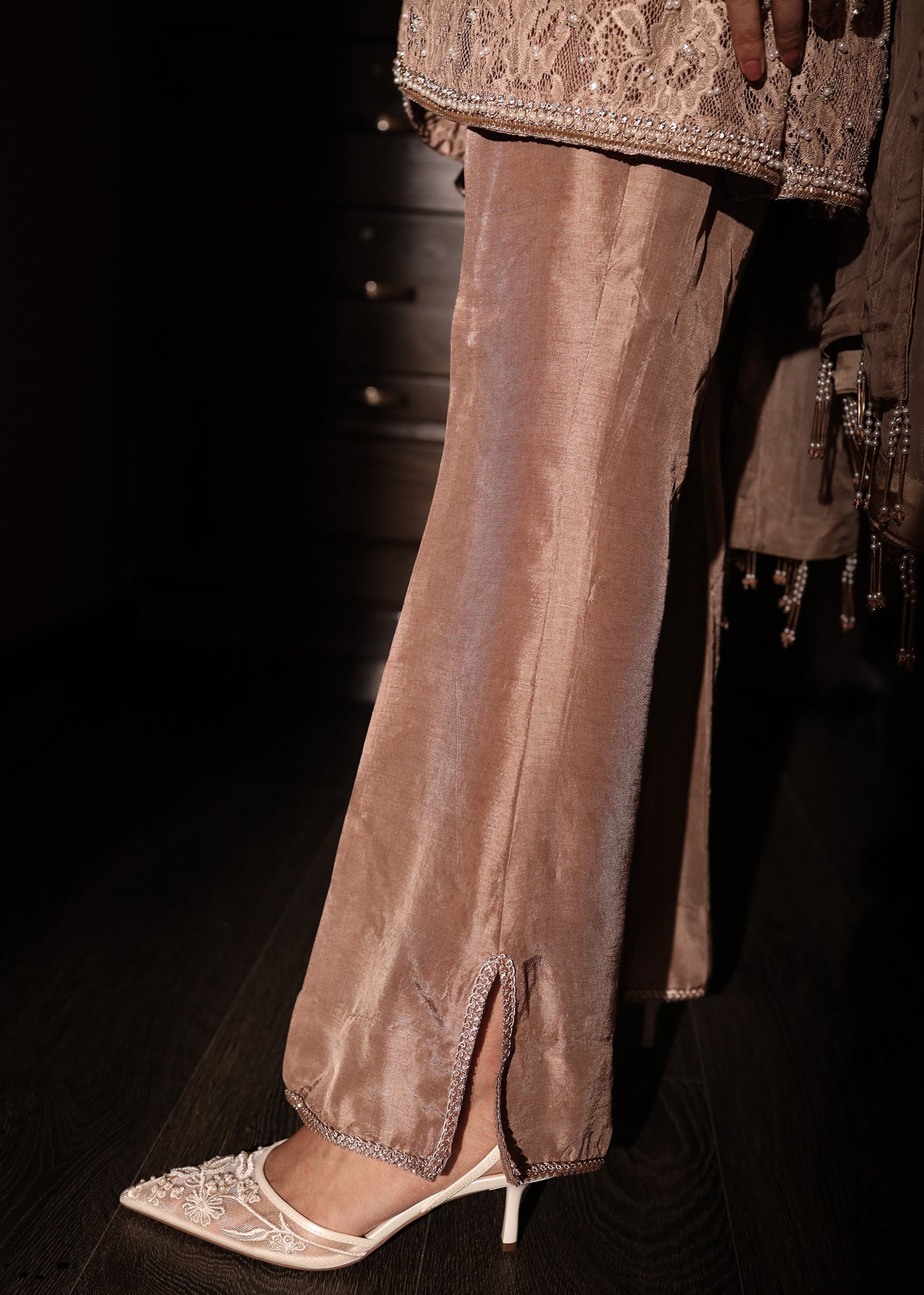 chantelle net Kurta Set in Champagne
