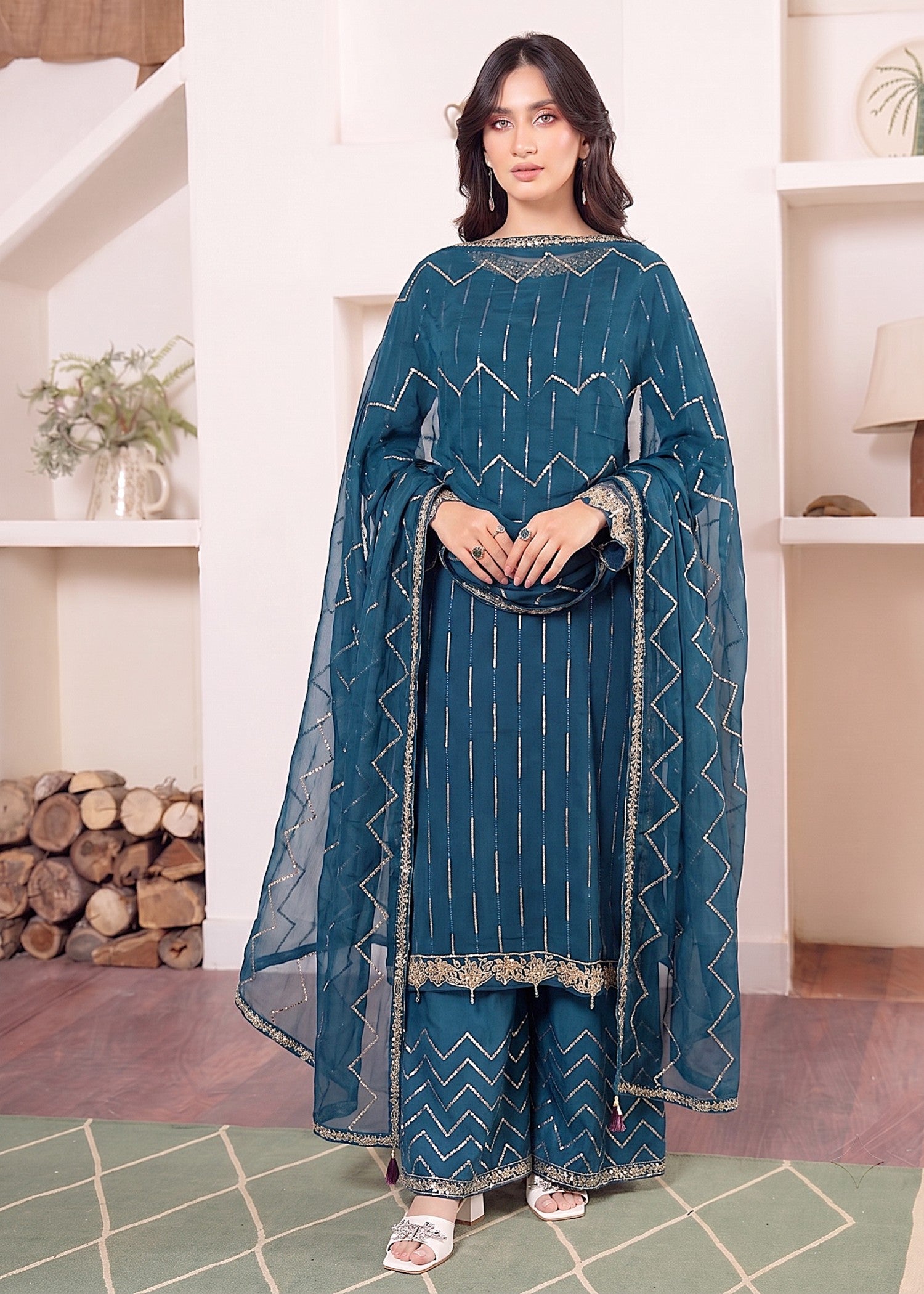 chiffon Kurta Set in Steel blue