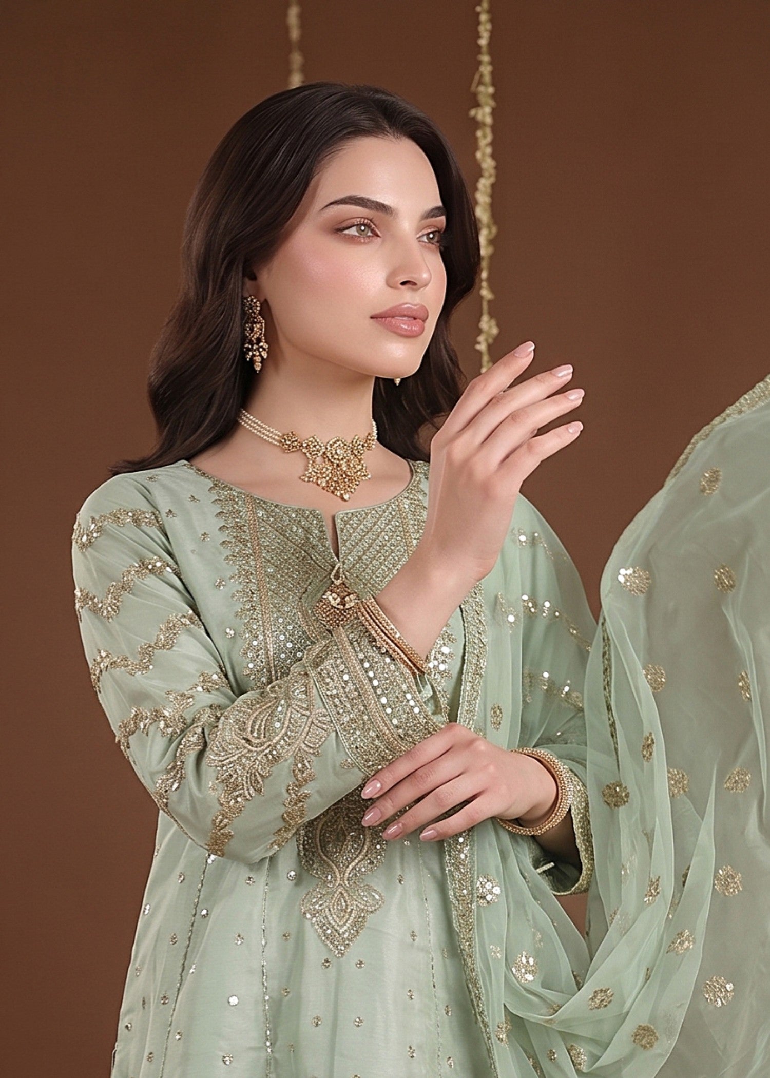 kattan silk Short Frock in Moss green
