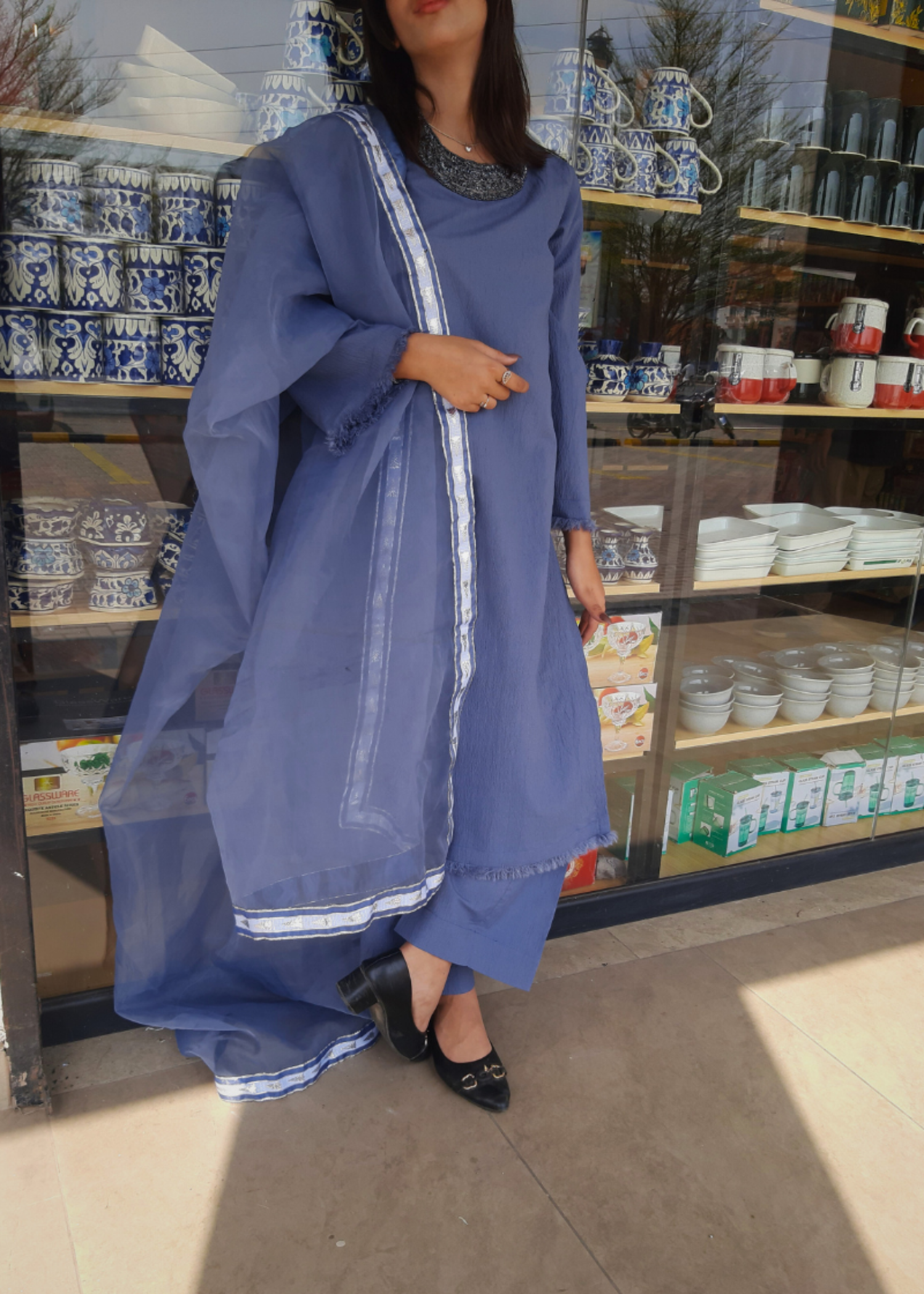 textured grip Kurta Set in Steel blue