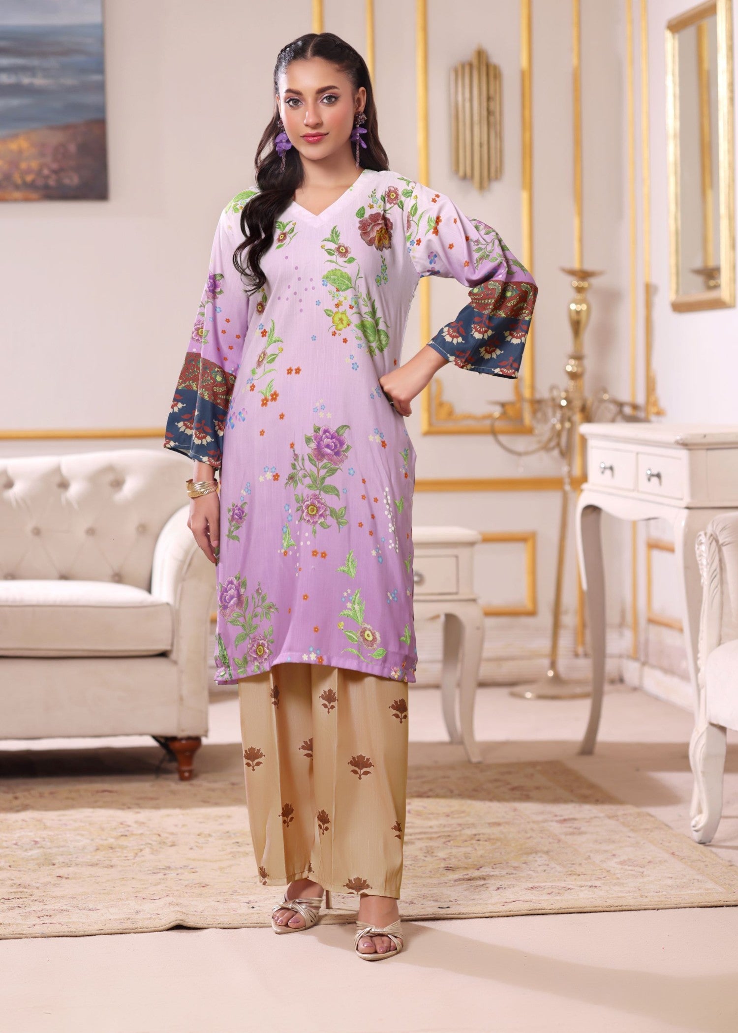 swiss lawn Kurta Set in Multi
