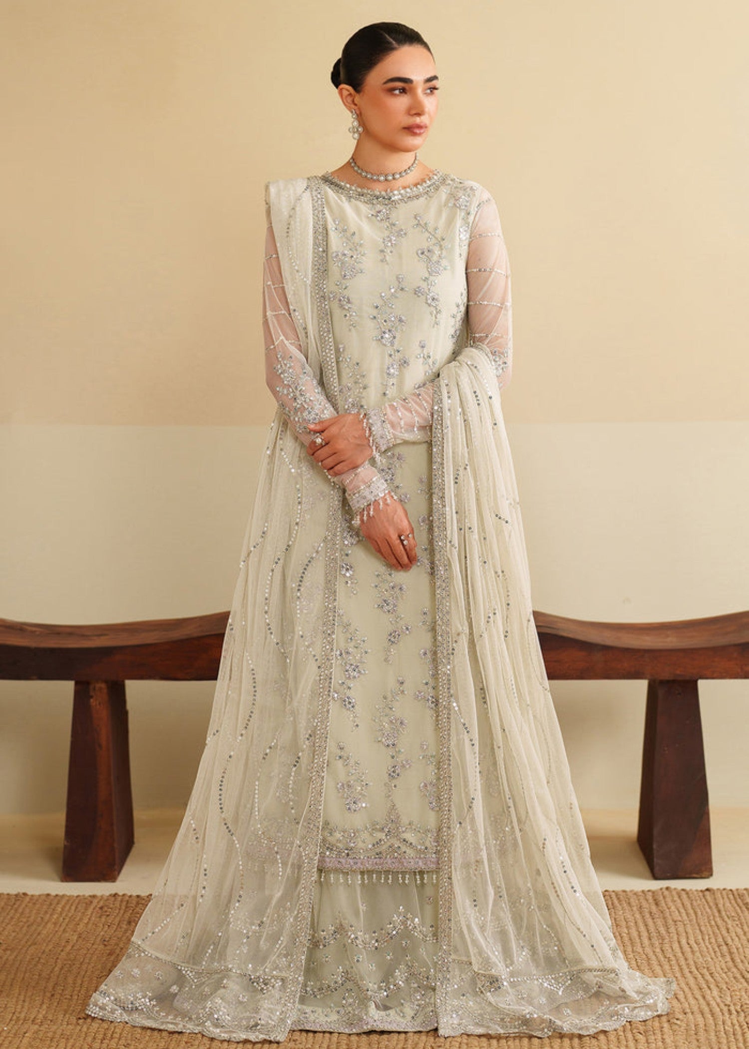 net Lehenga in White