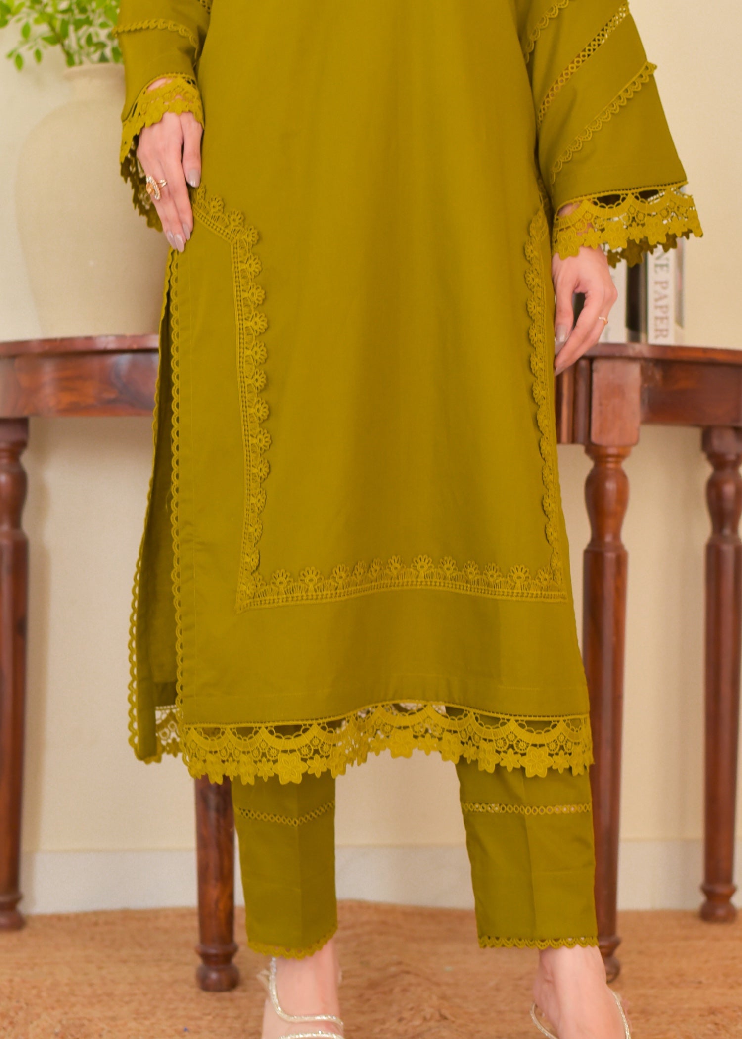 khaddar Kurta Set in Yellow green