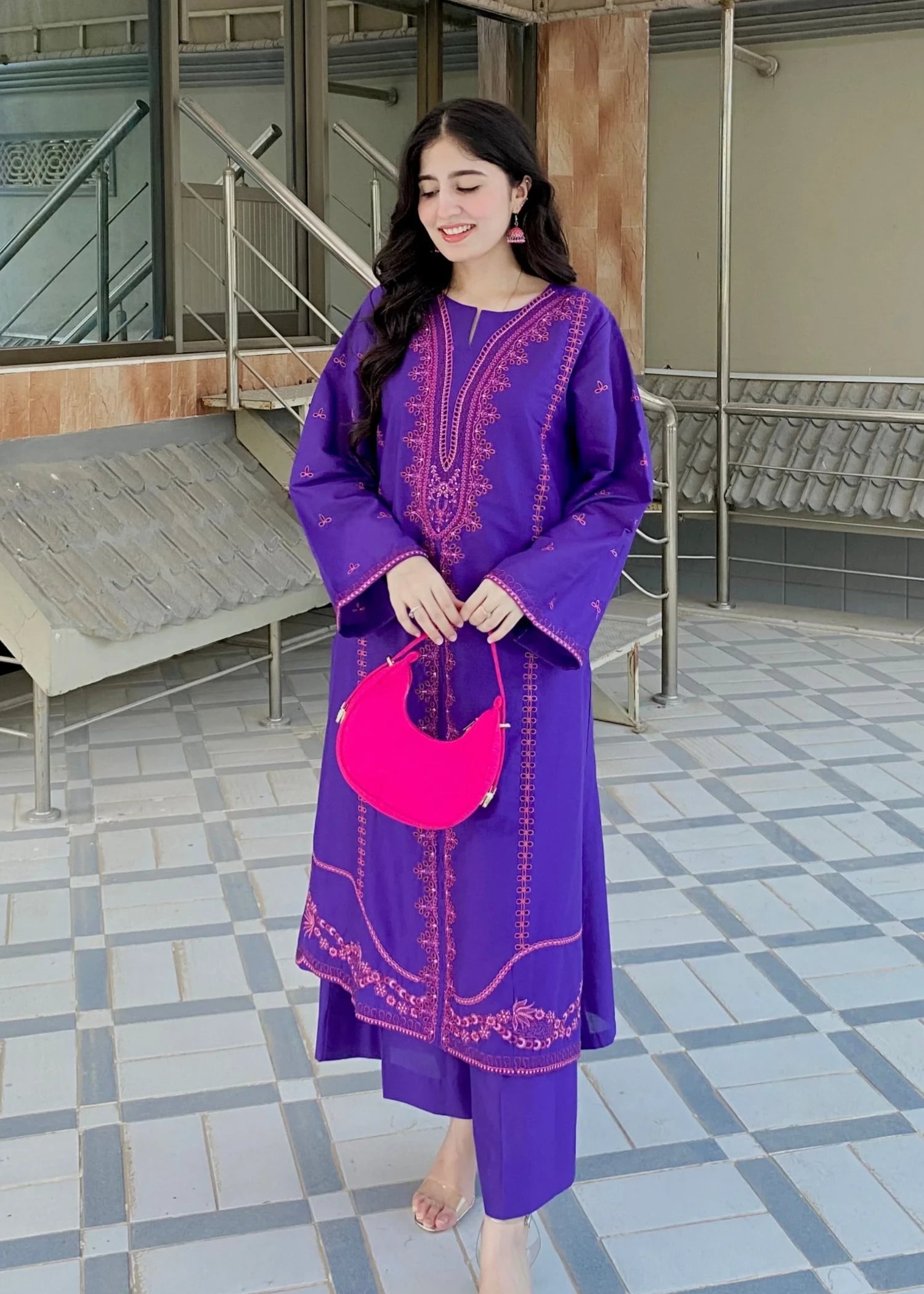 lawn Kurta Set in Electric purple
