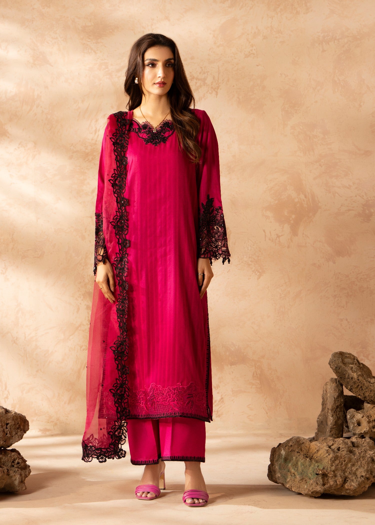 blended linen Kurta Set in Deep pink