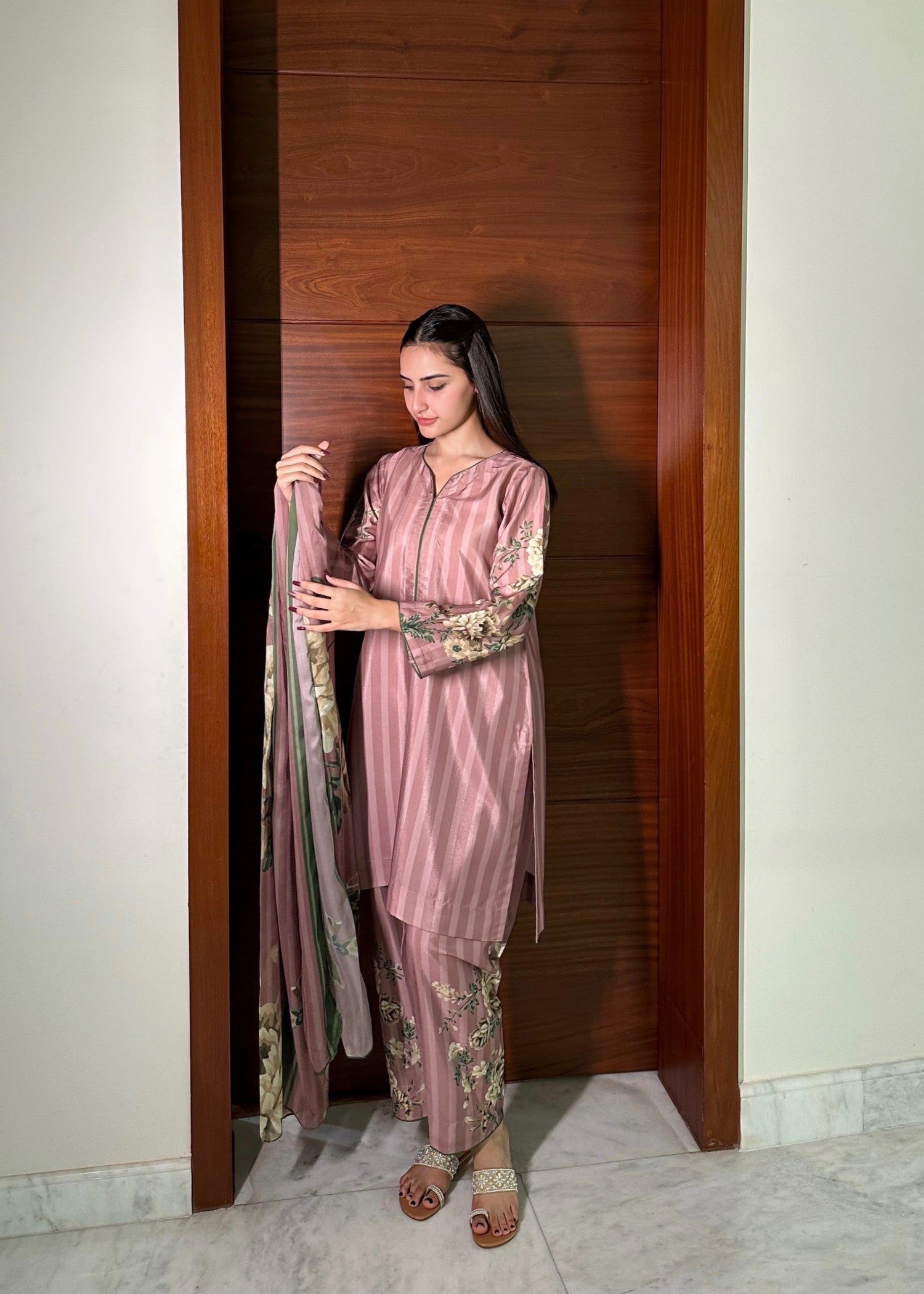 polyester crepe Kurta Set in Pink