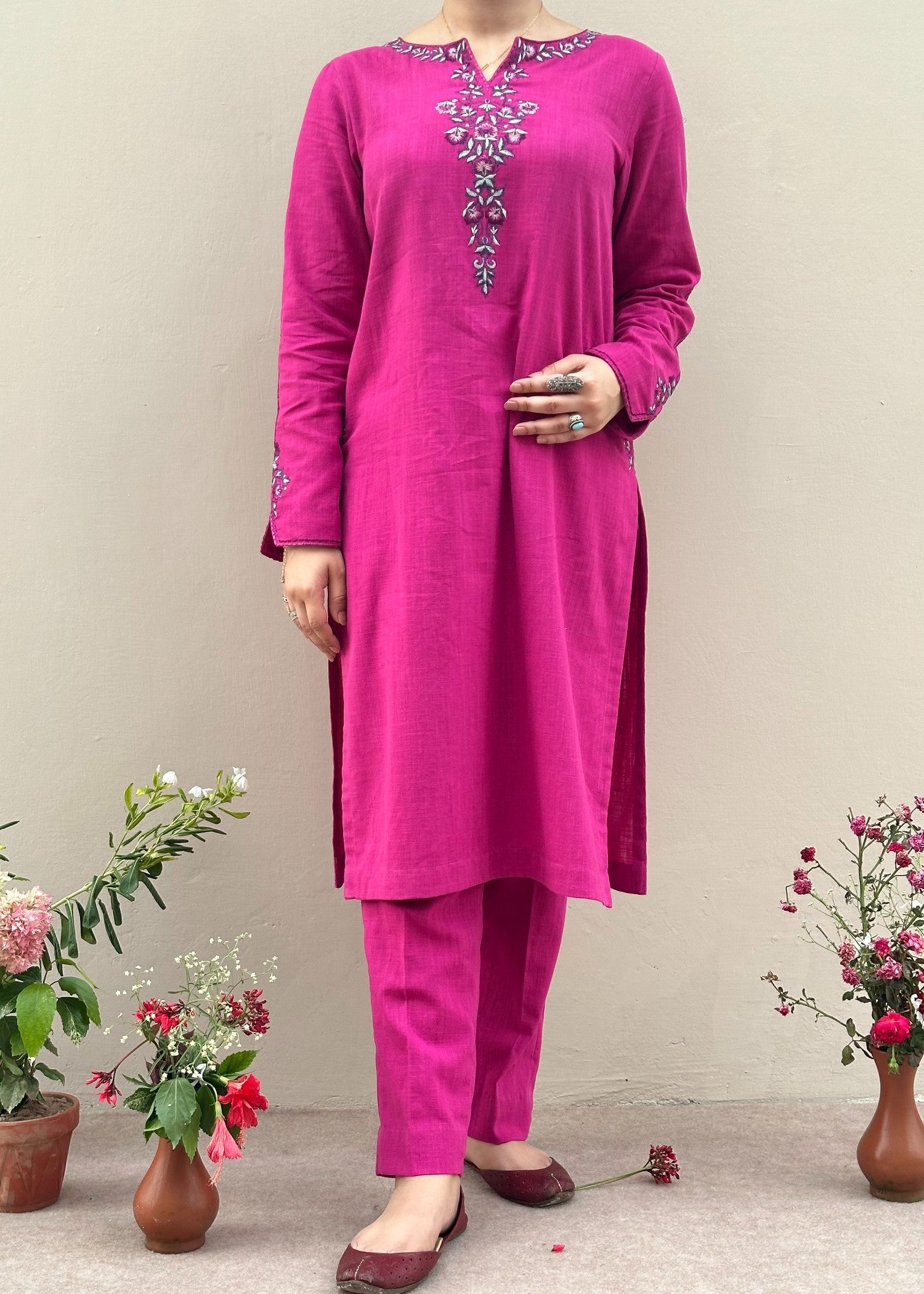 slub cambric Kurta Set in Magenta