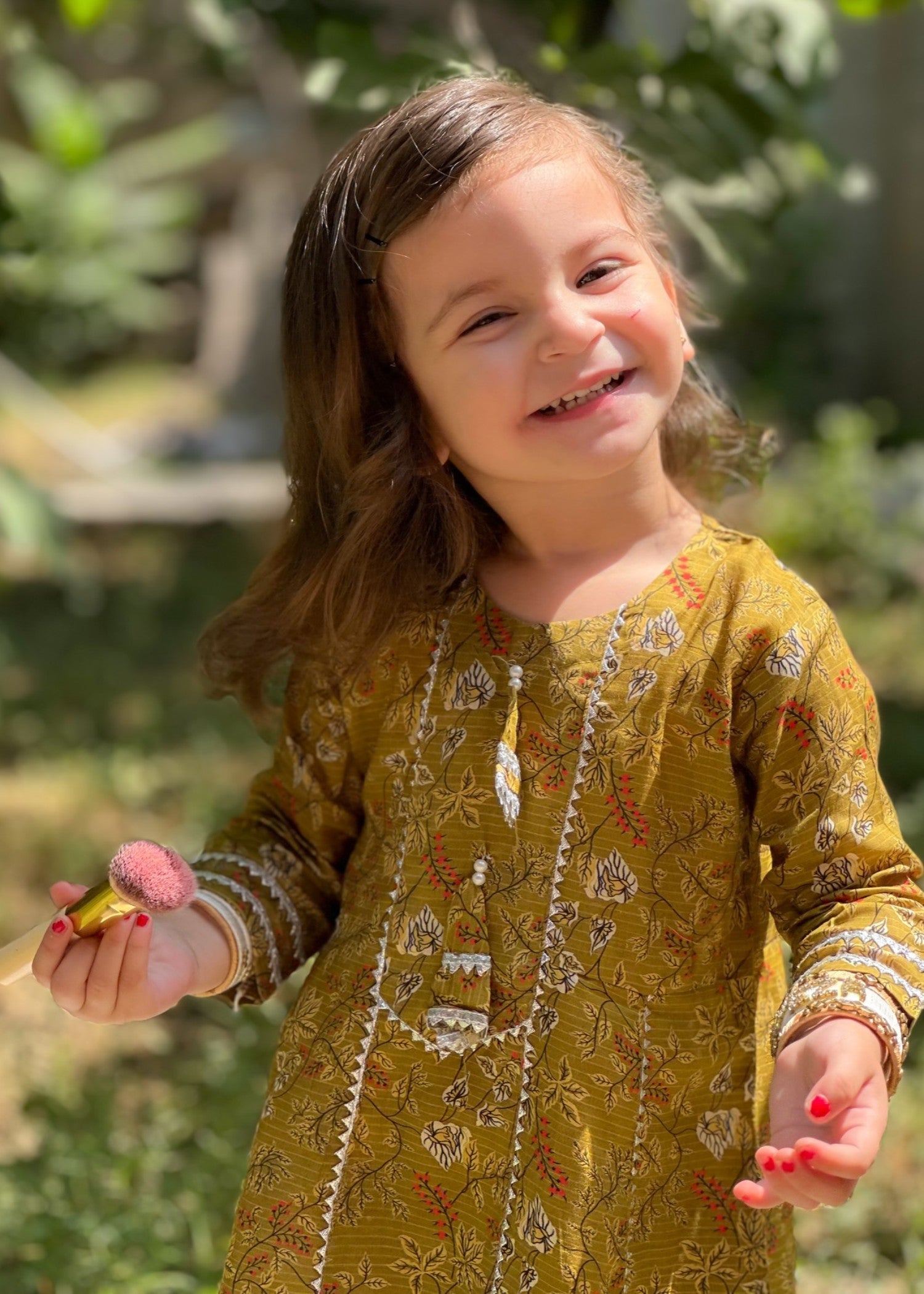 lawn Short Frock in Olive green