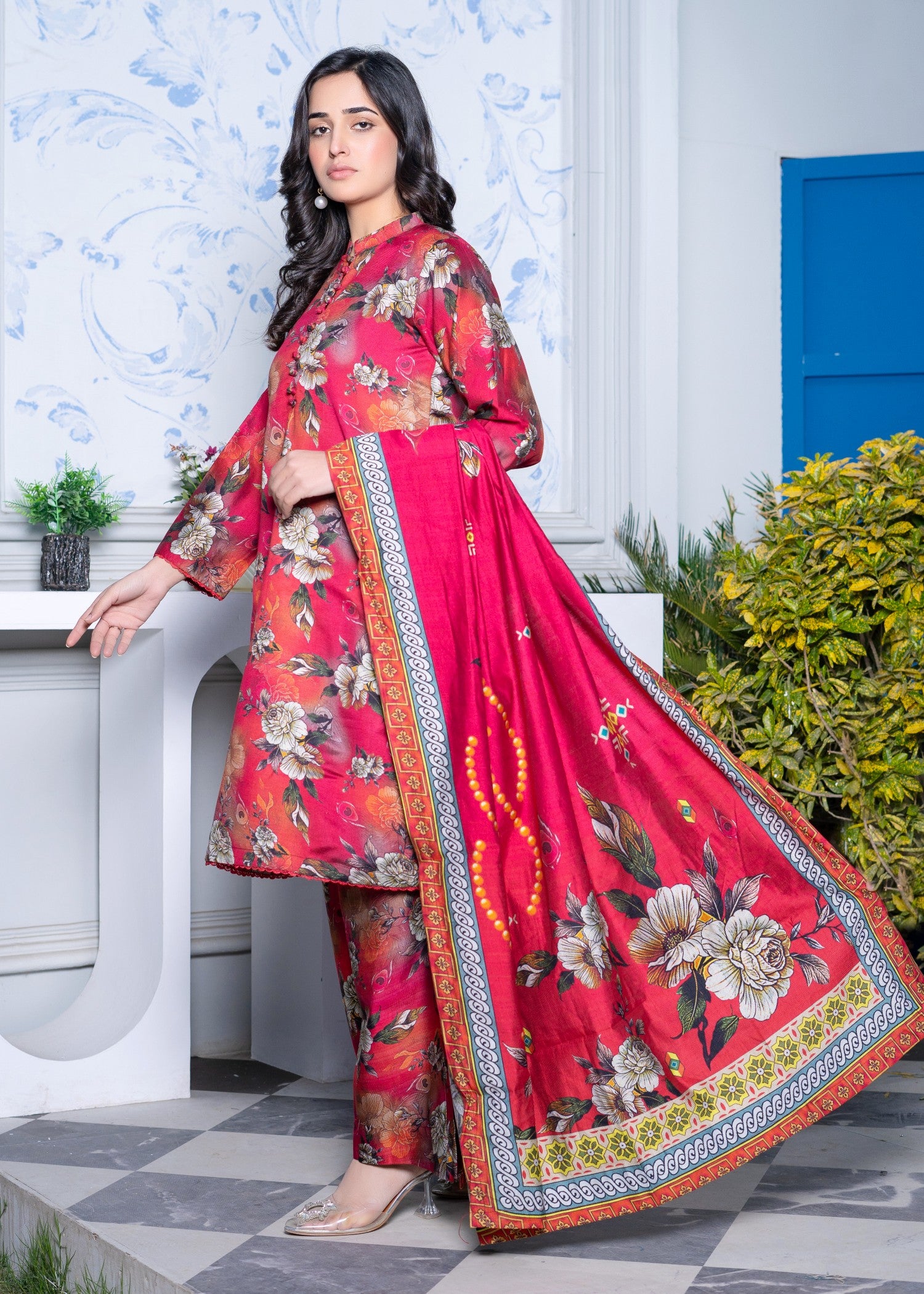 khaddi net Kurta Set in Ruby red
