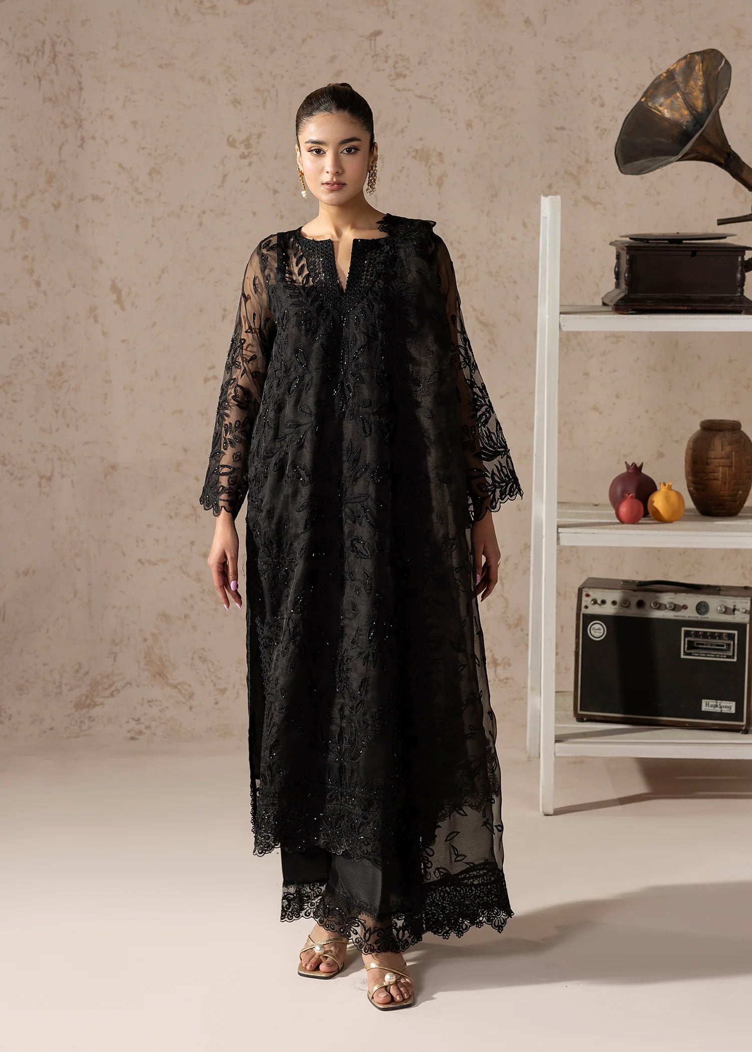 tissue Kurta Set in Black
