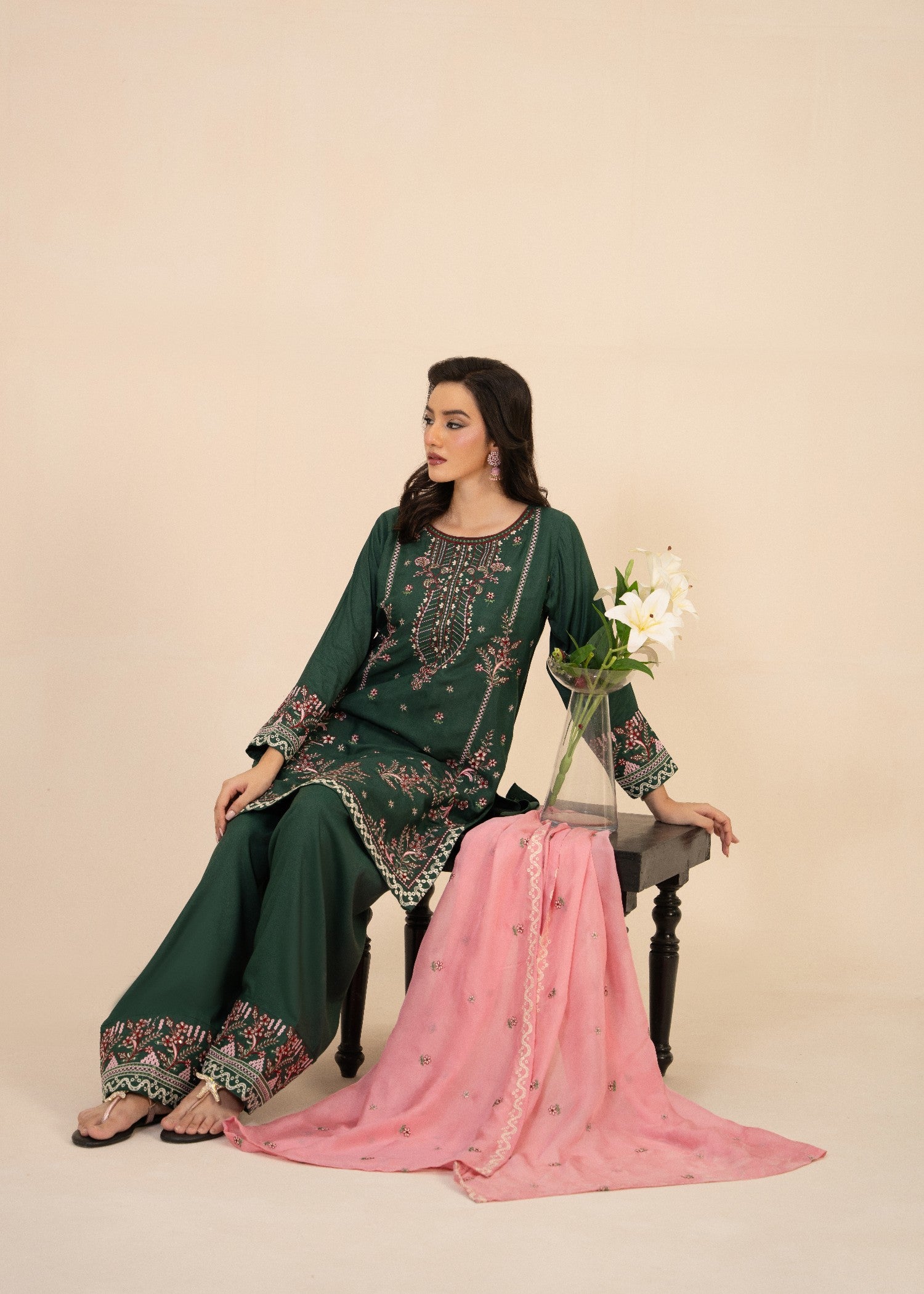 raw silk Kurta Set in Bottle green