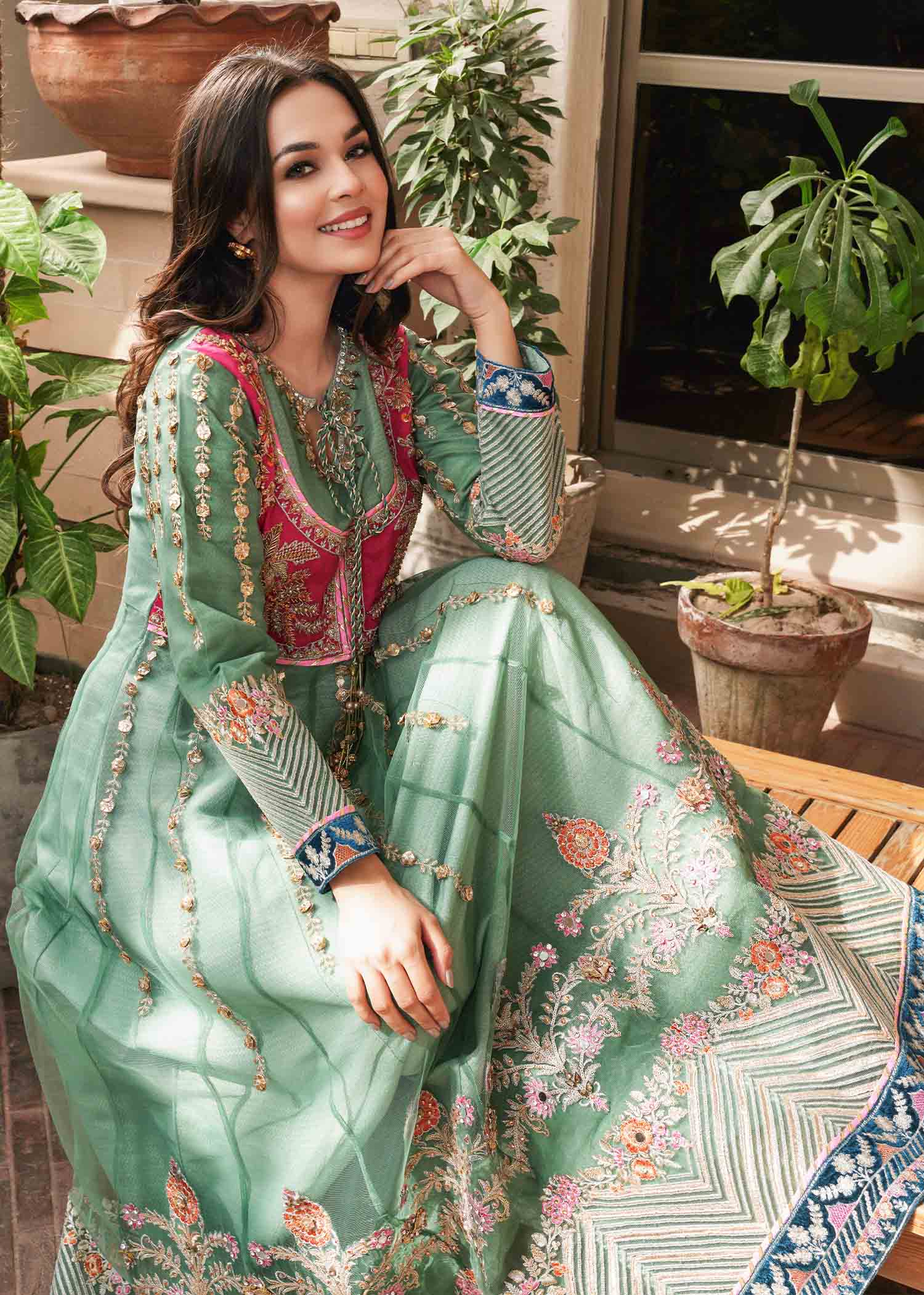 lurex organza Pishwas in Pastel green