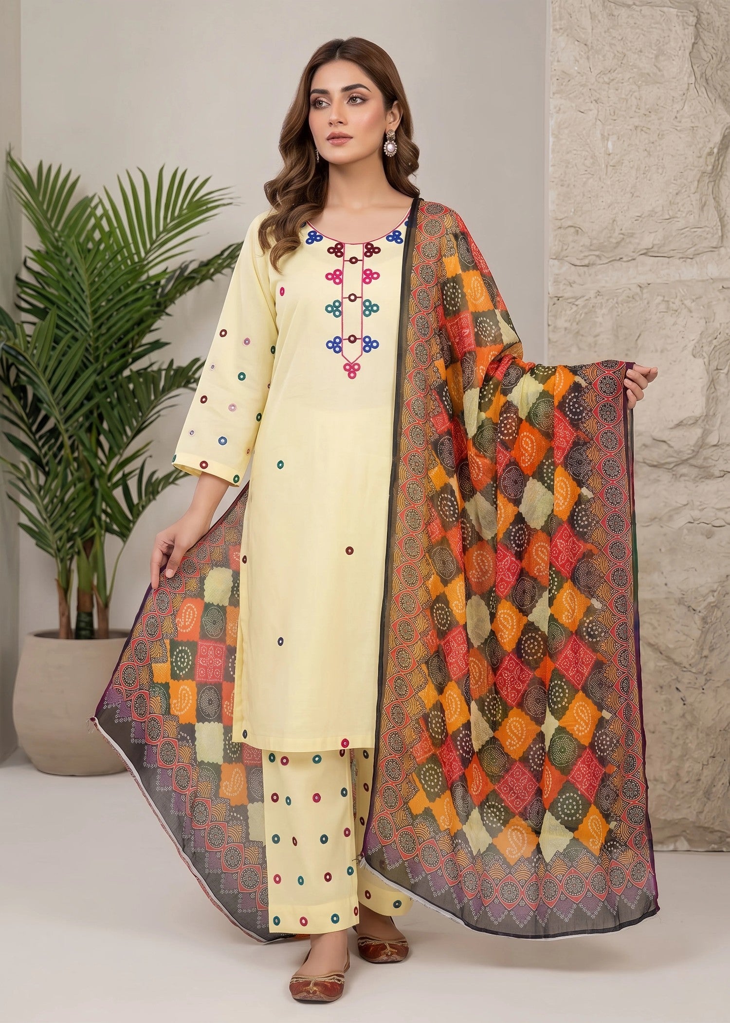 lawn cotton Kurta Set in Lemon chiffon