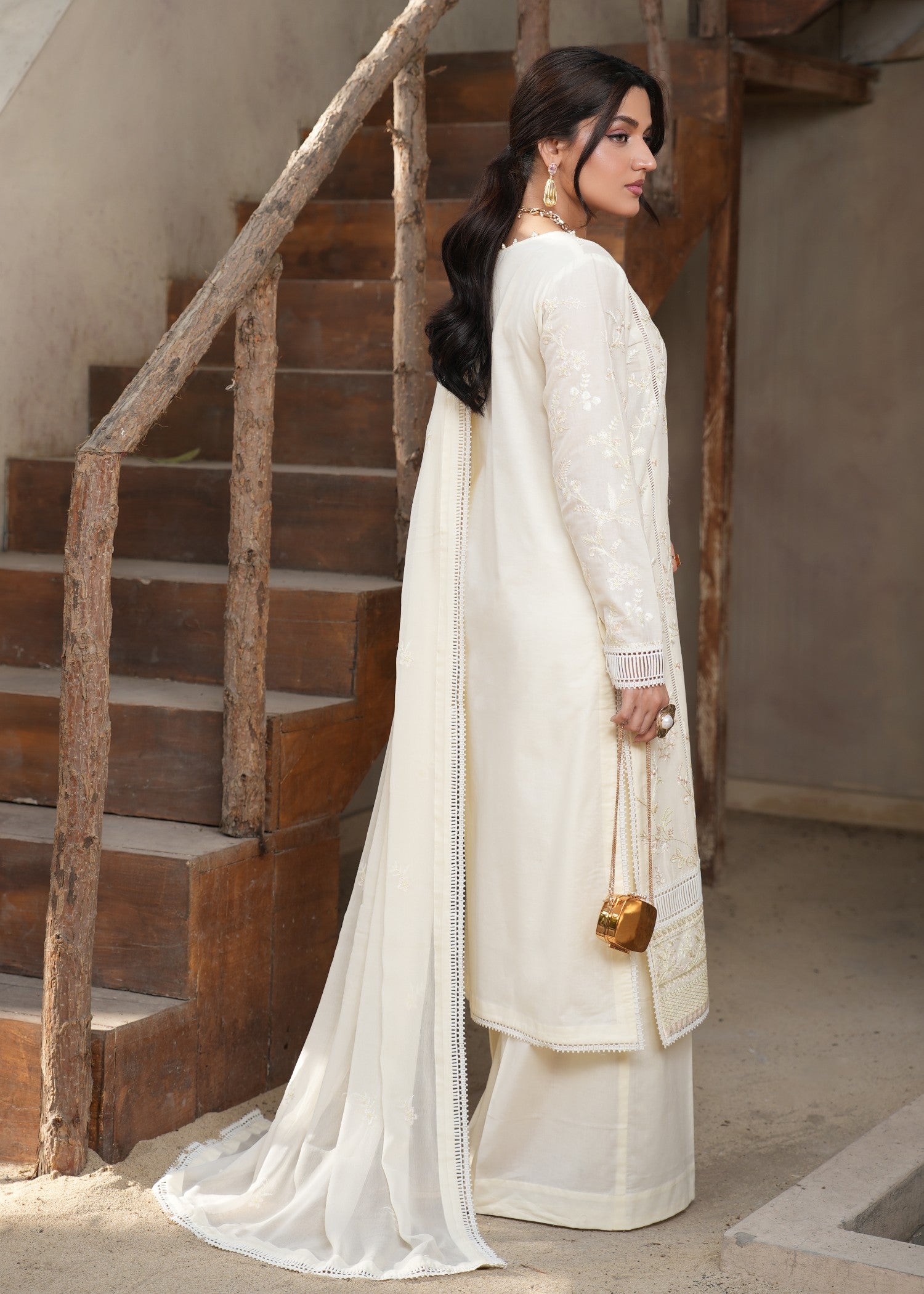 lawn Kurta Set in Off-white, goldfish orange