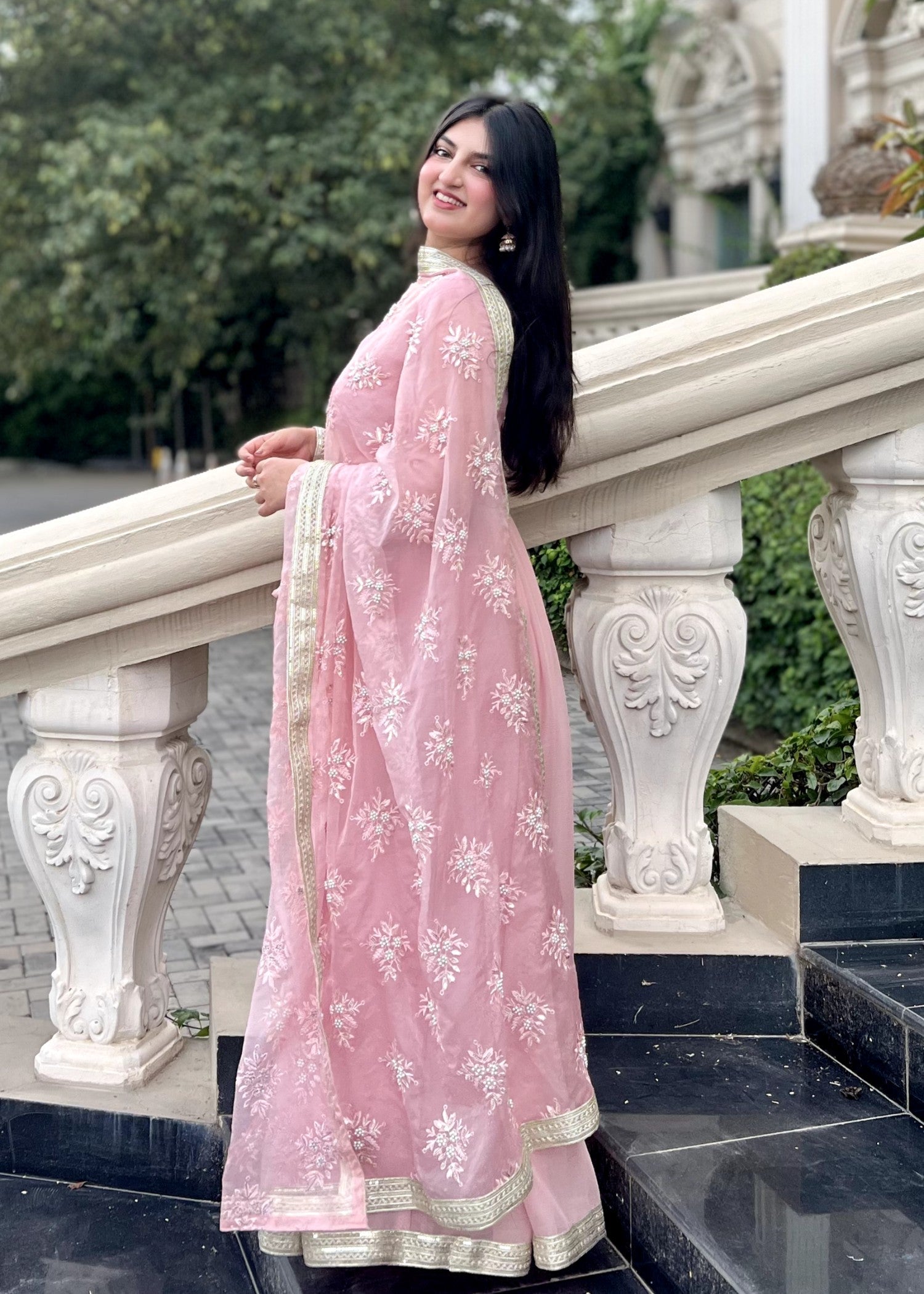 bemberg crinkle chiffon Anarkali in Pastel pink