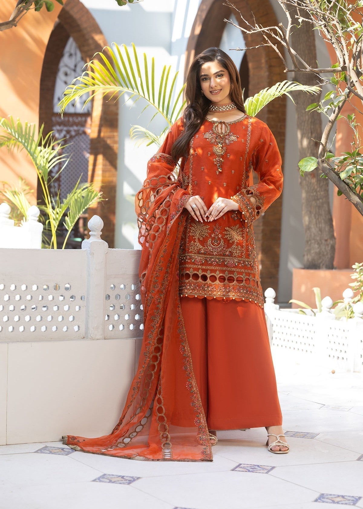 organza Kurta Set in Rust orange