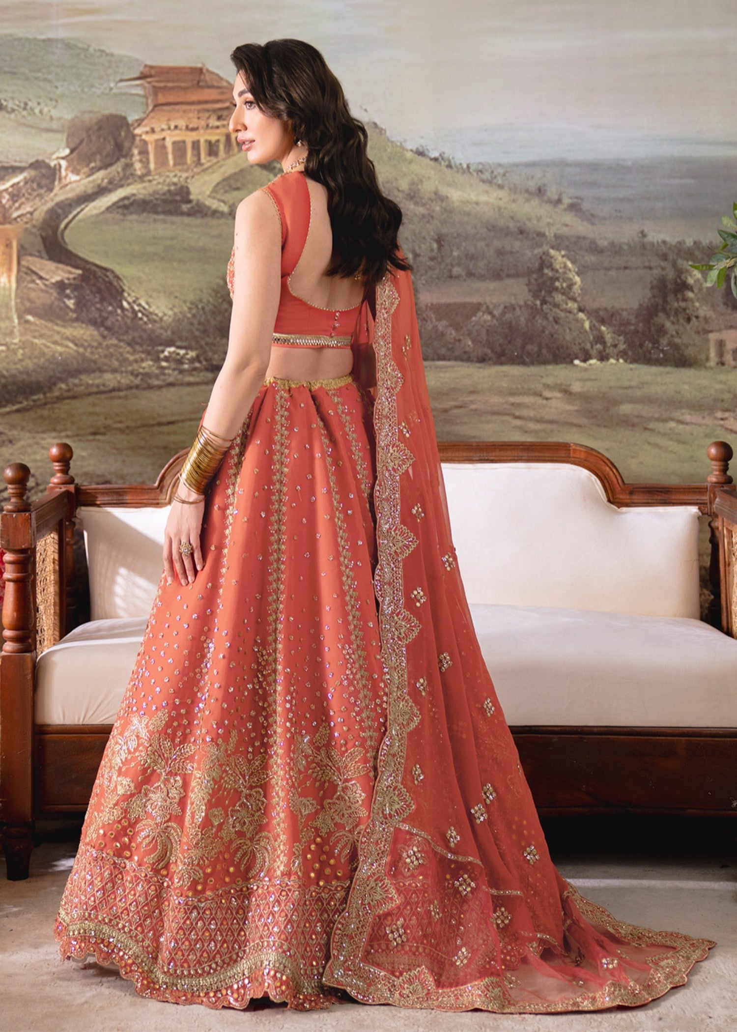 chiffon Lehenga in Coral orange