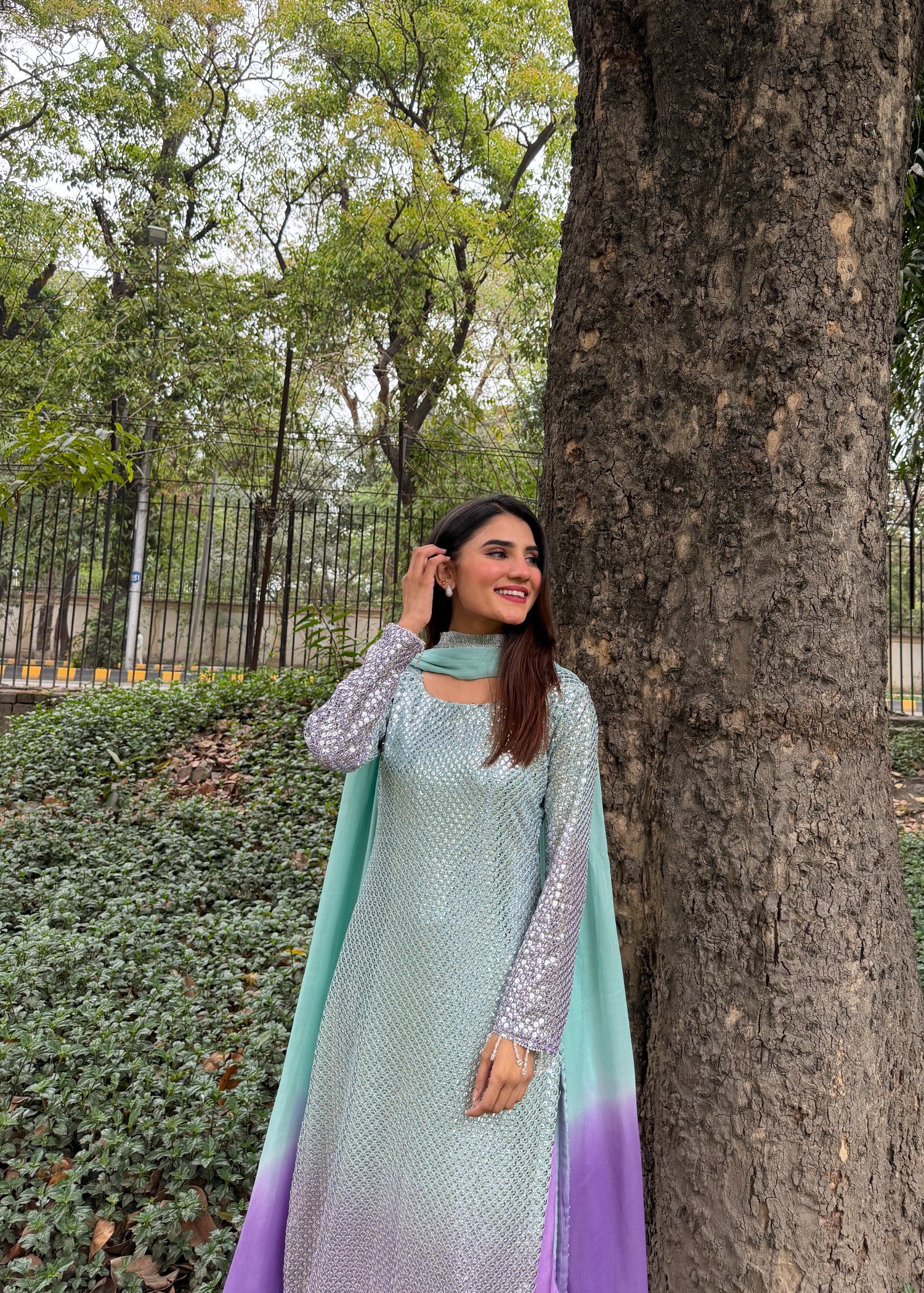 bemberg crinkle chiffon Kurta Set in Sky blue, bright lavender