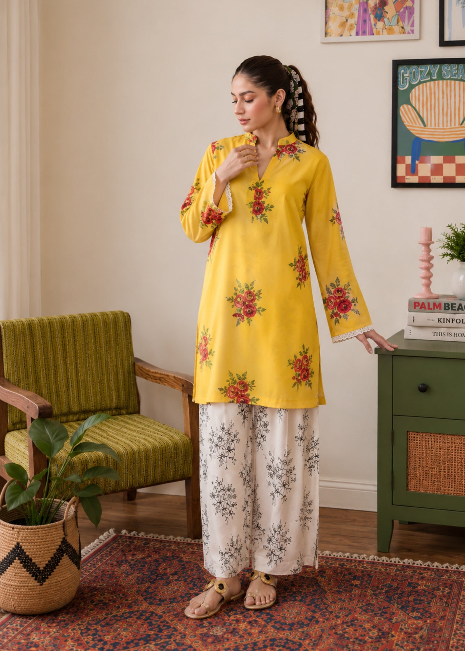poly lawn Kurta Set in Mustard
