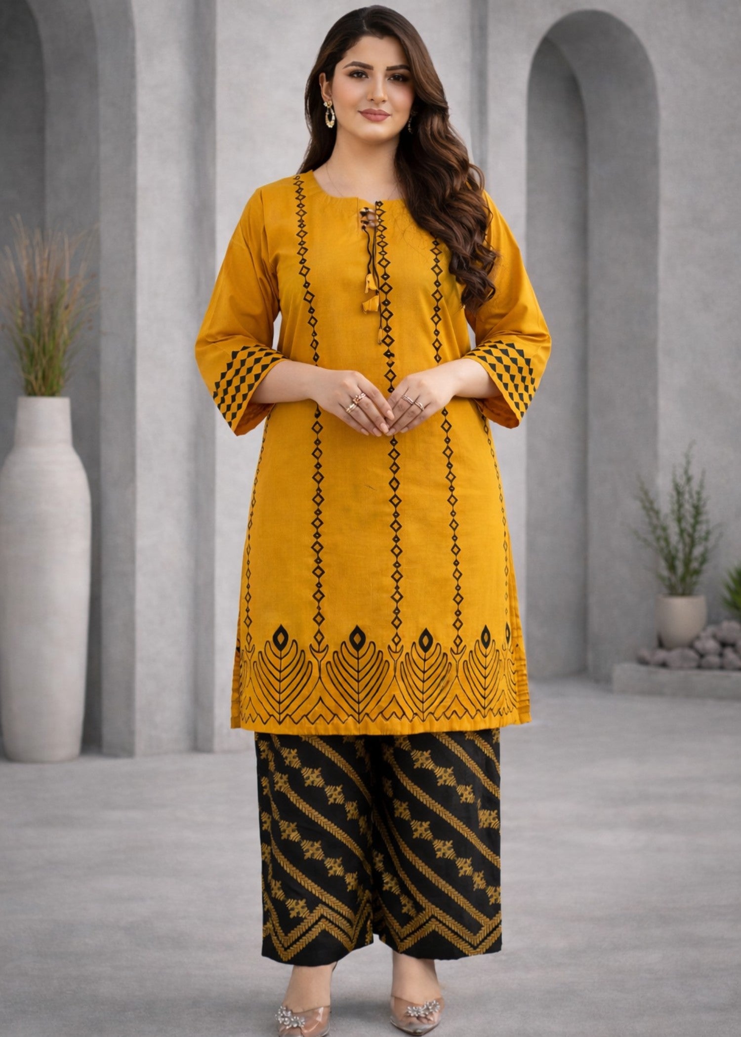 linen Kurta Set in Black, mustard