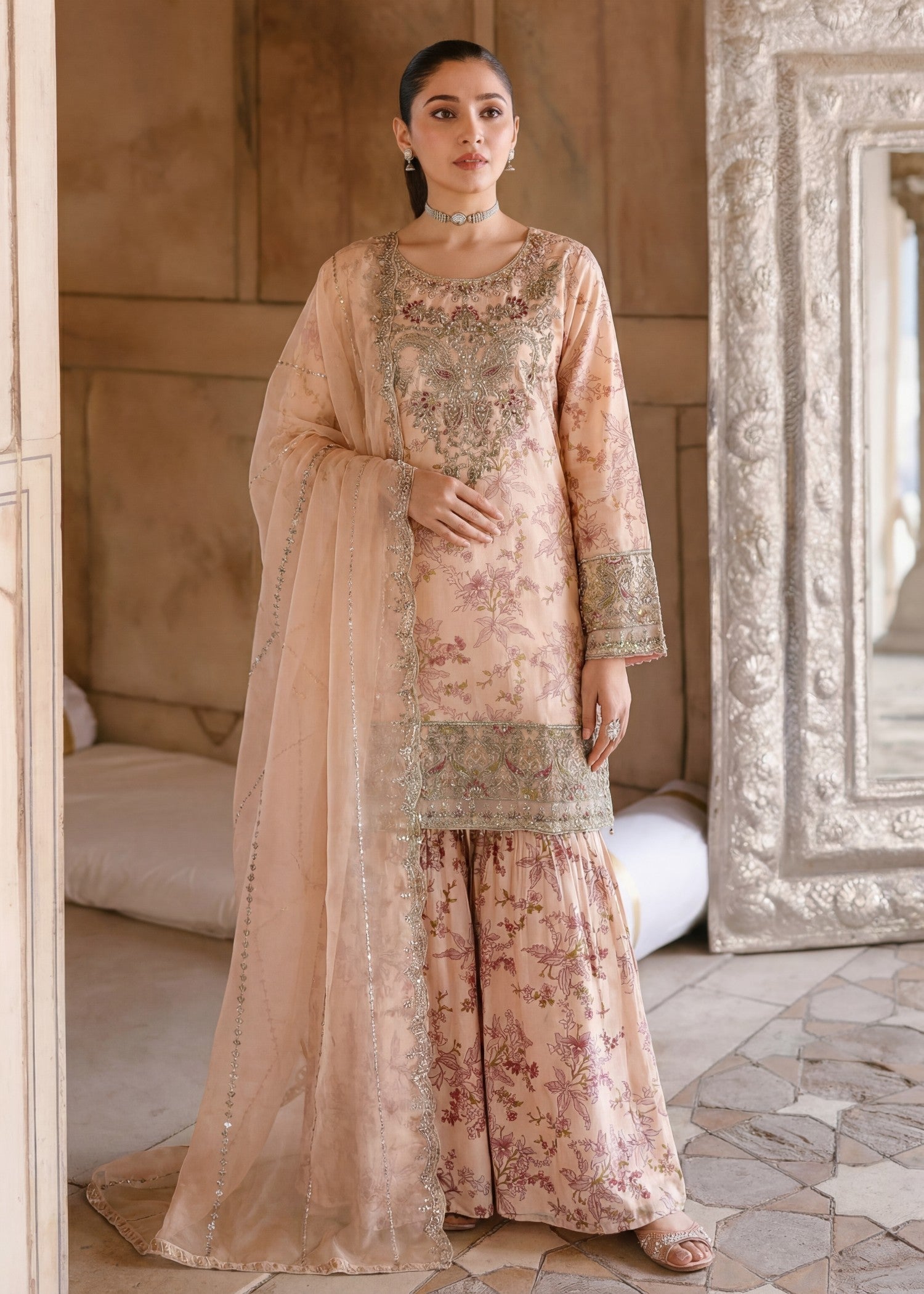organza Gharara in Peach orange