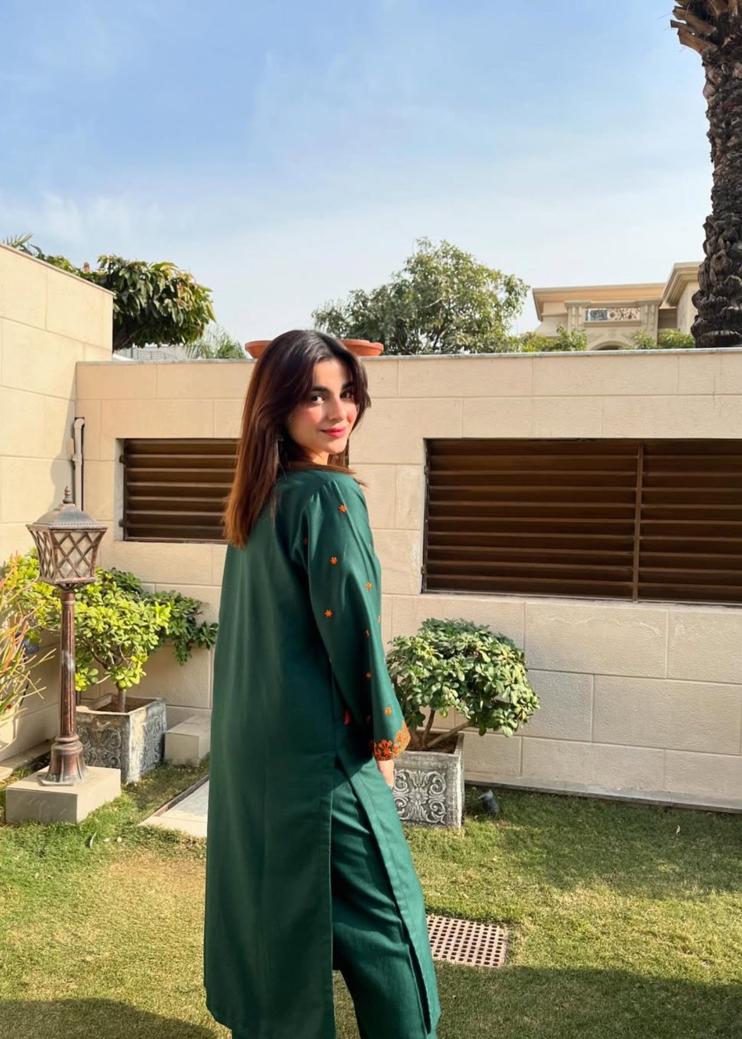 linen Kurta Set in Bottle green