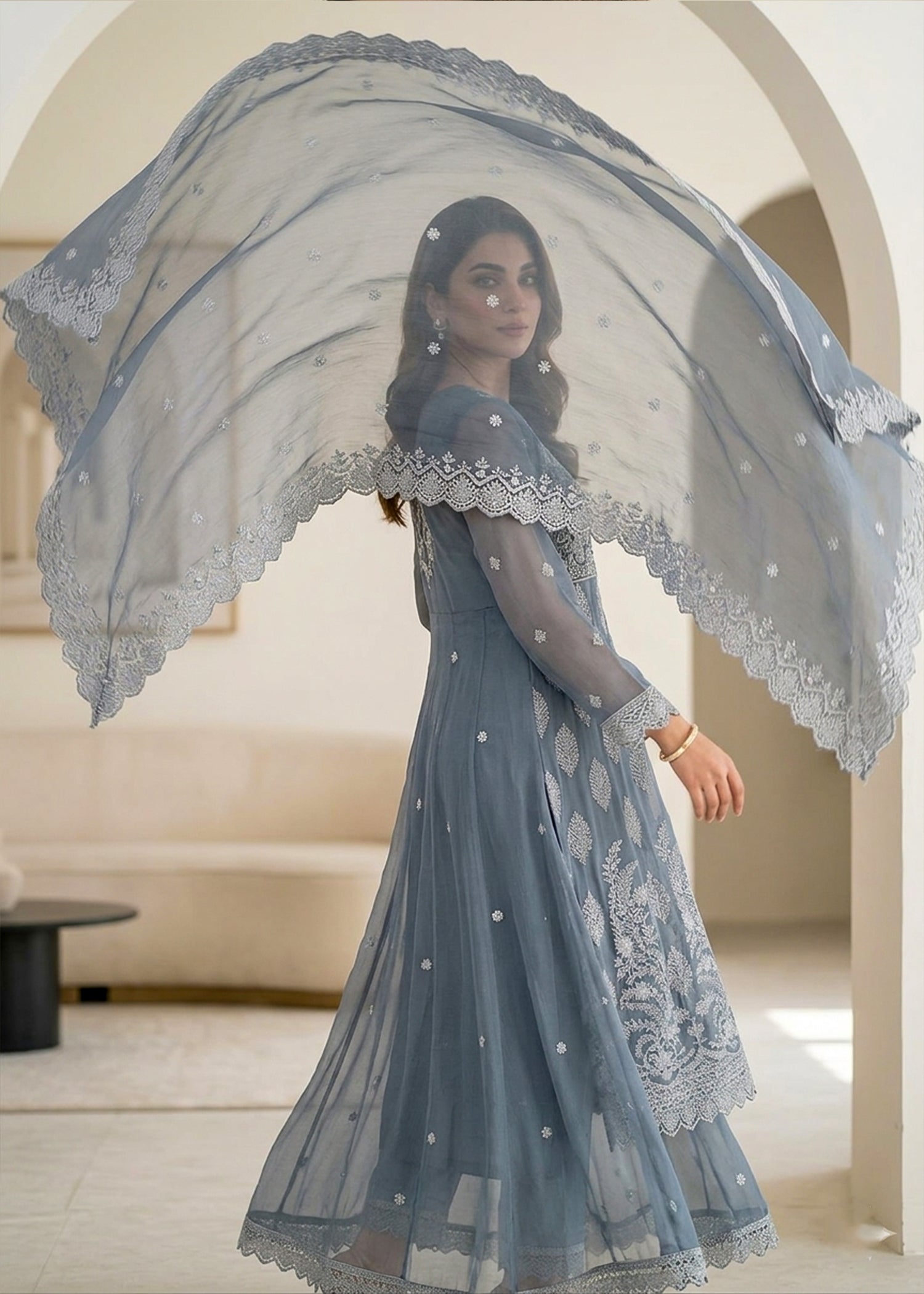 chiffon Pishwas in Pastel grey