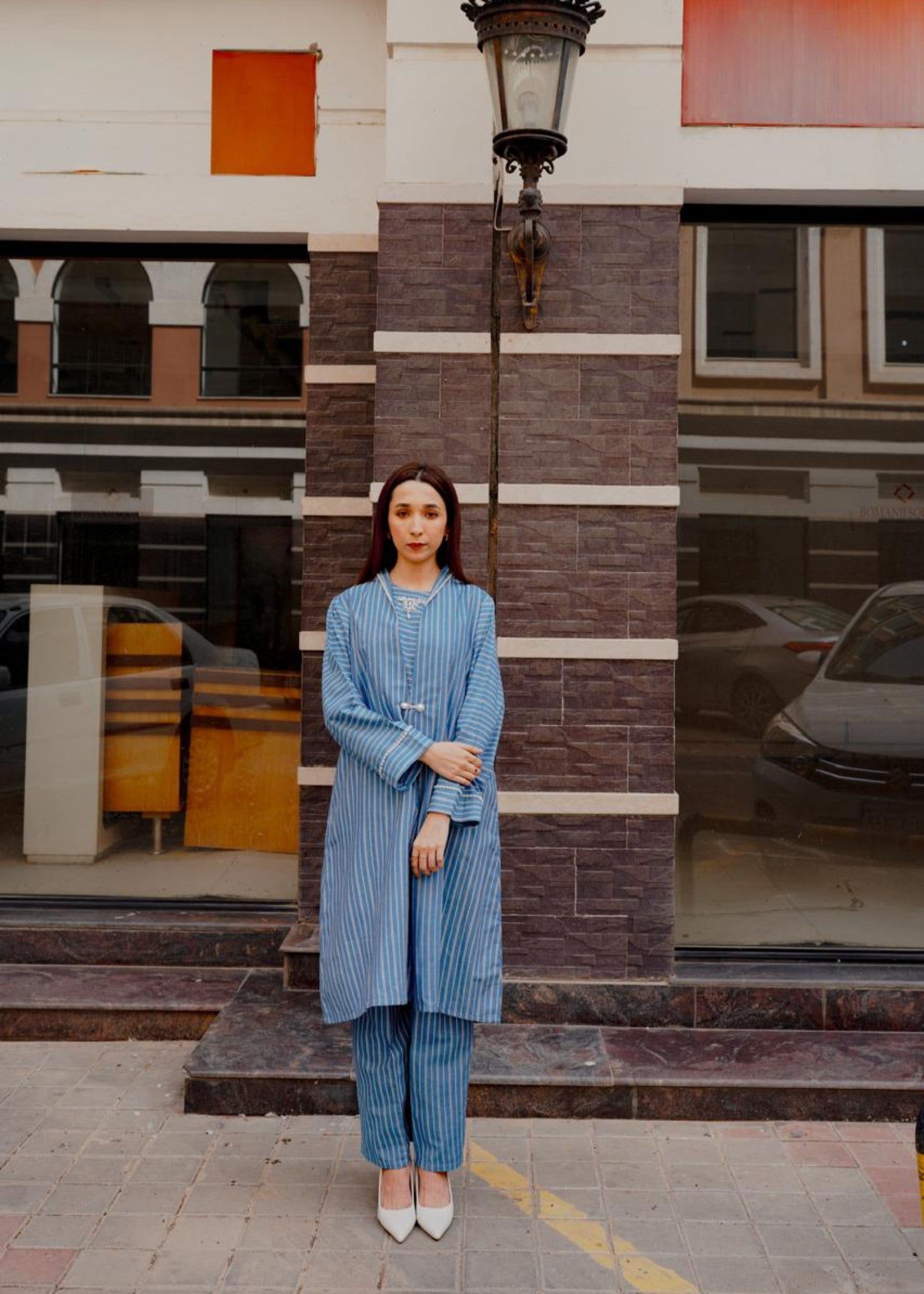 denim-like chambray Gown in Light blue