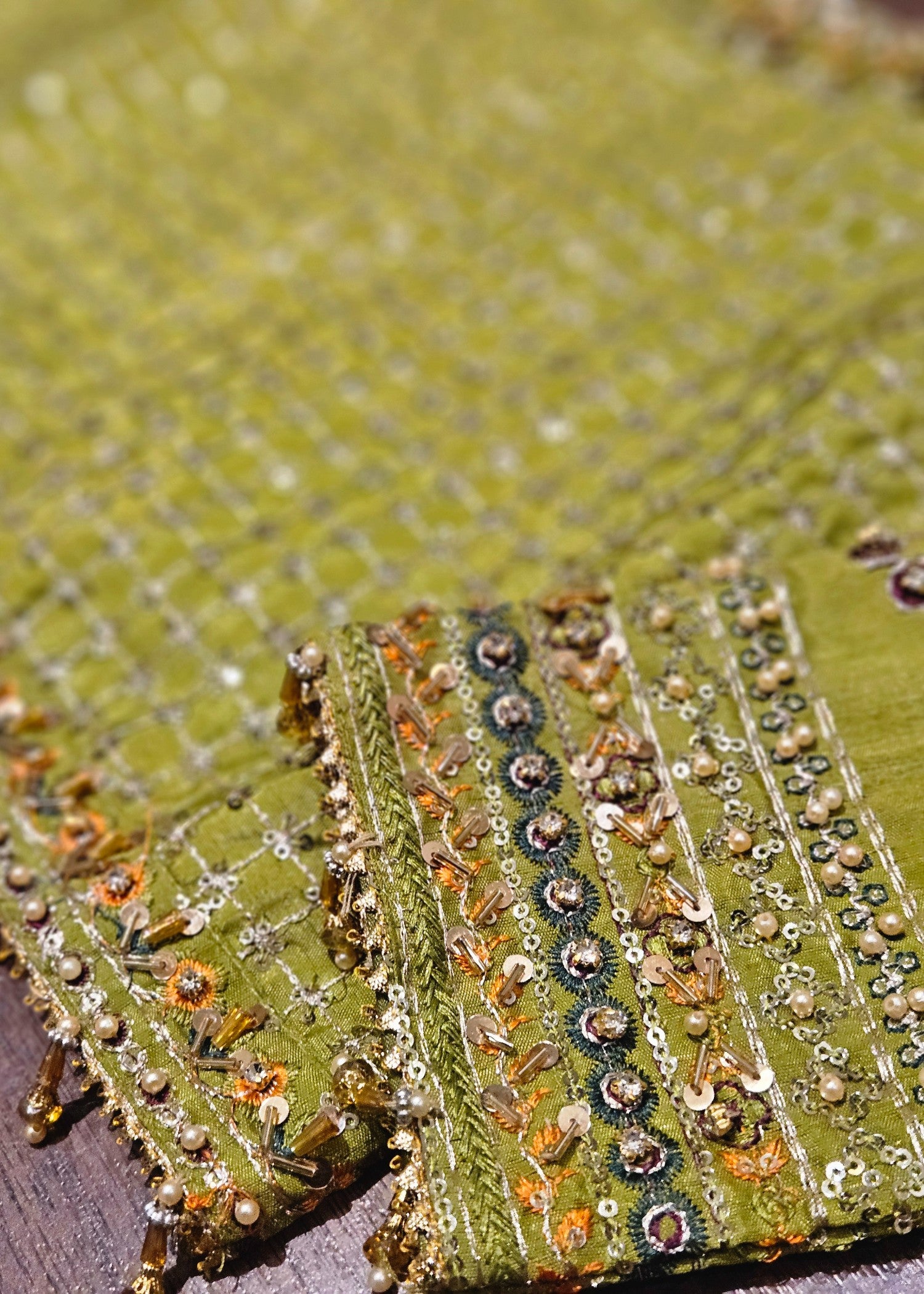 raw silk Lehenga in Olive green, multi