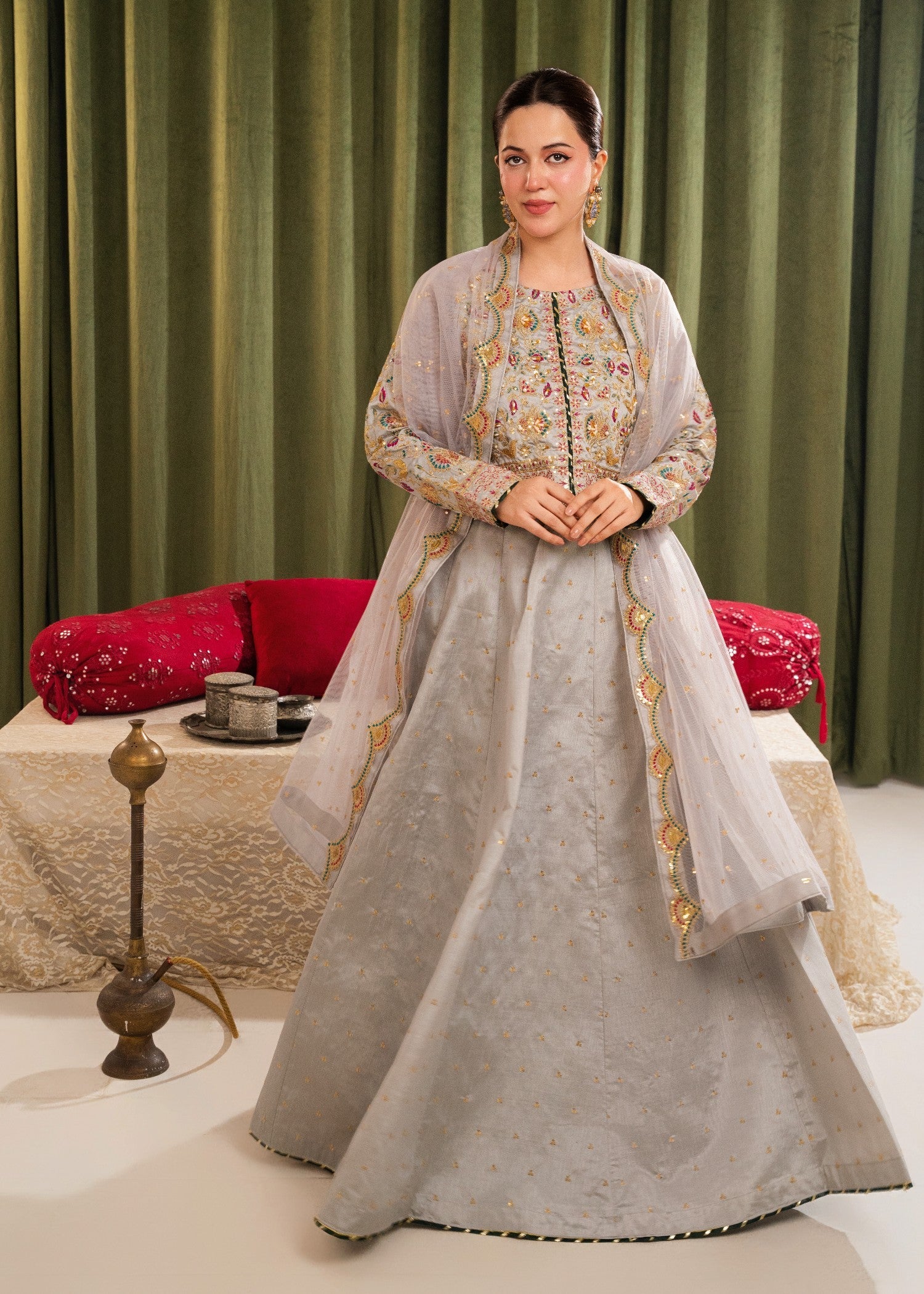 raw silk Lehenga in Pastel grey