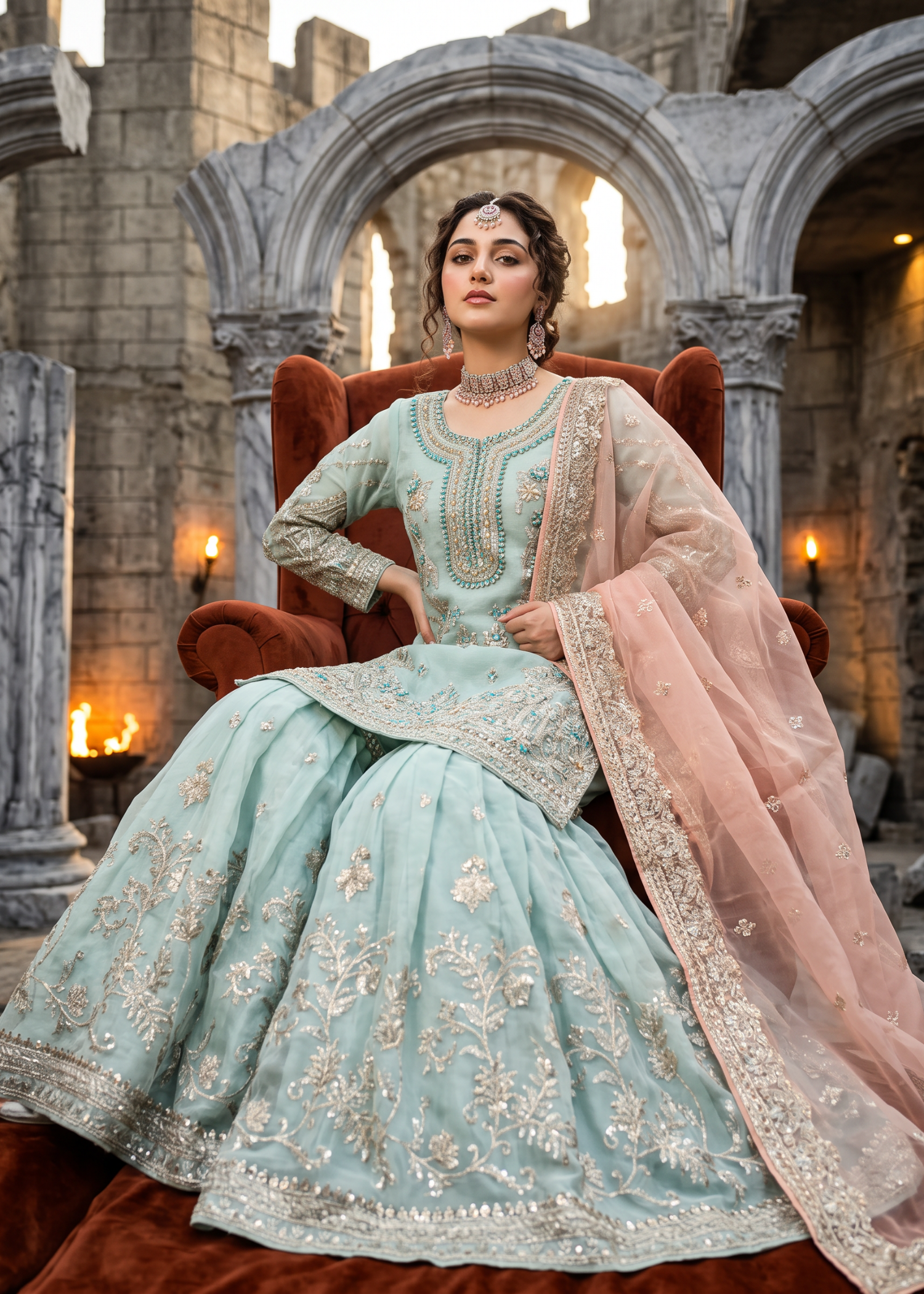 organza Gharara in Pastel green, peach pink