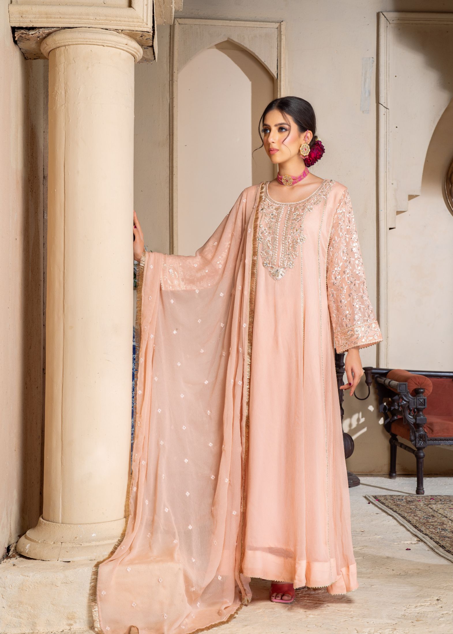 chiffon Anarkali in Peach pink