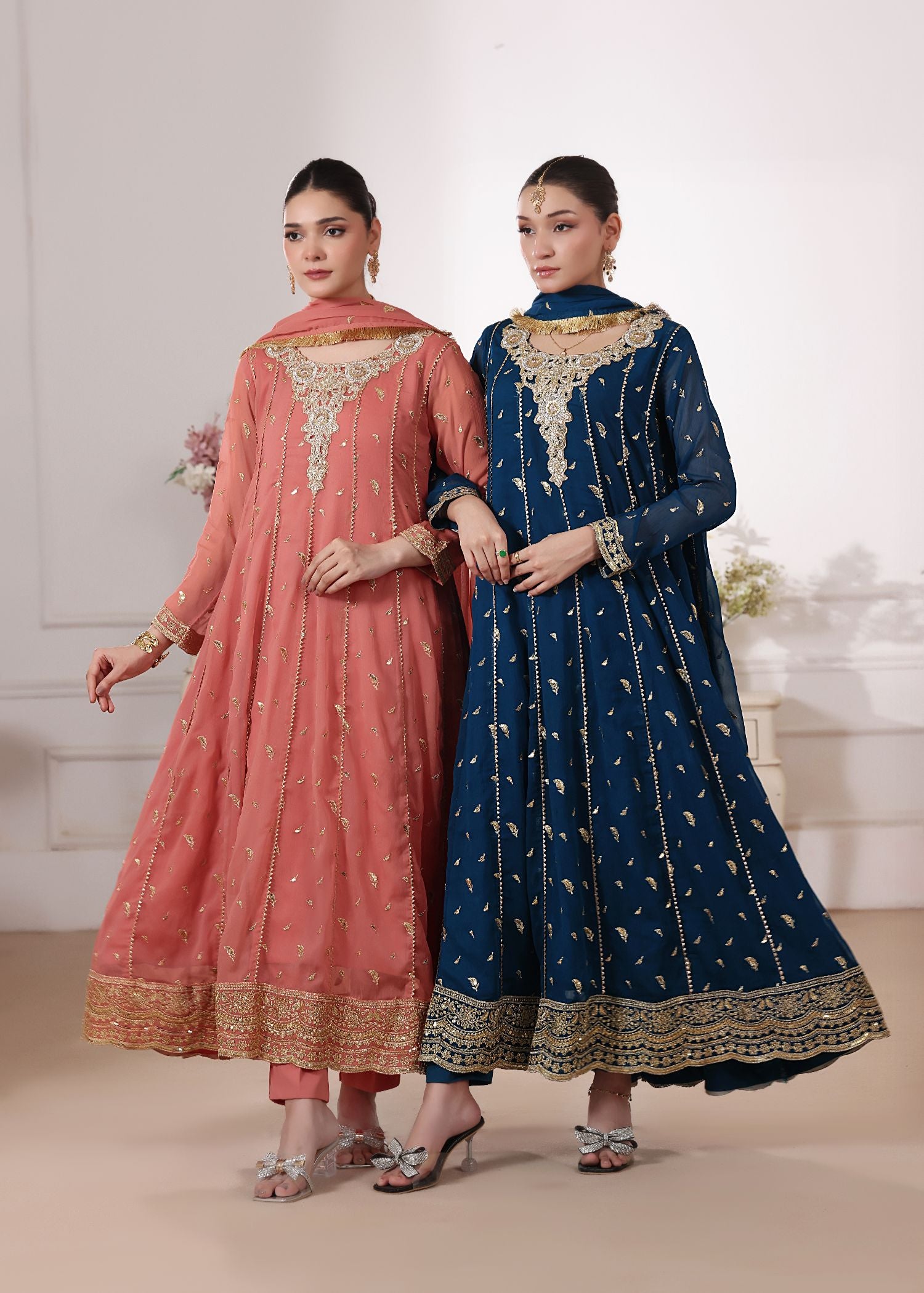 chiffon Pishwas in Peach orange