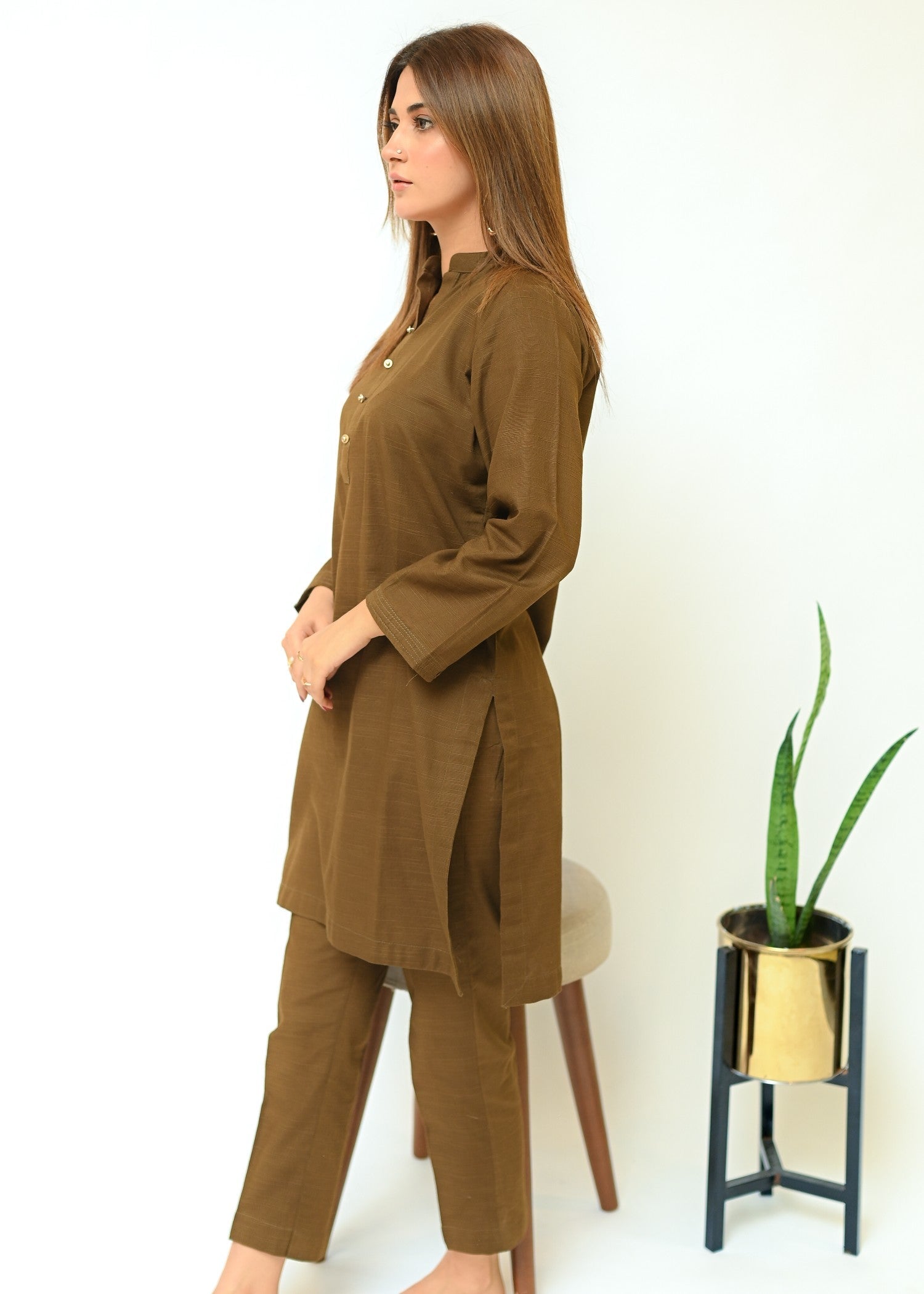 slub khaddar Co Ord Sets in Brown