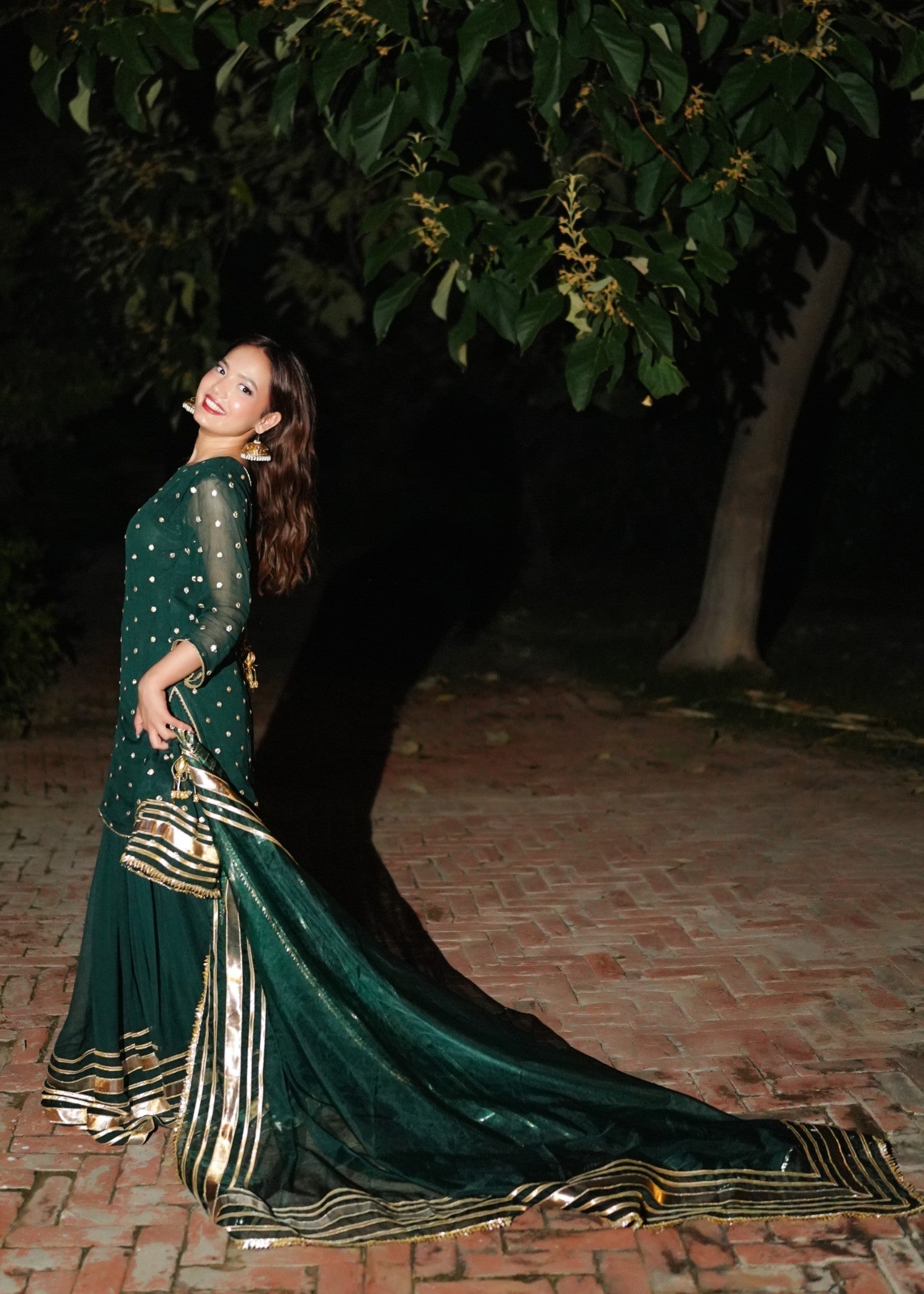 bemberg crinkle chiffon Sharara in Dark green