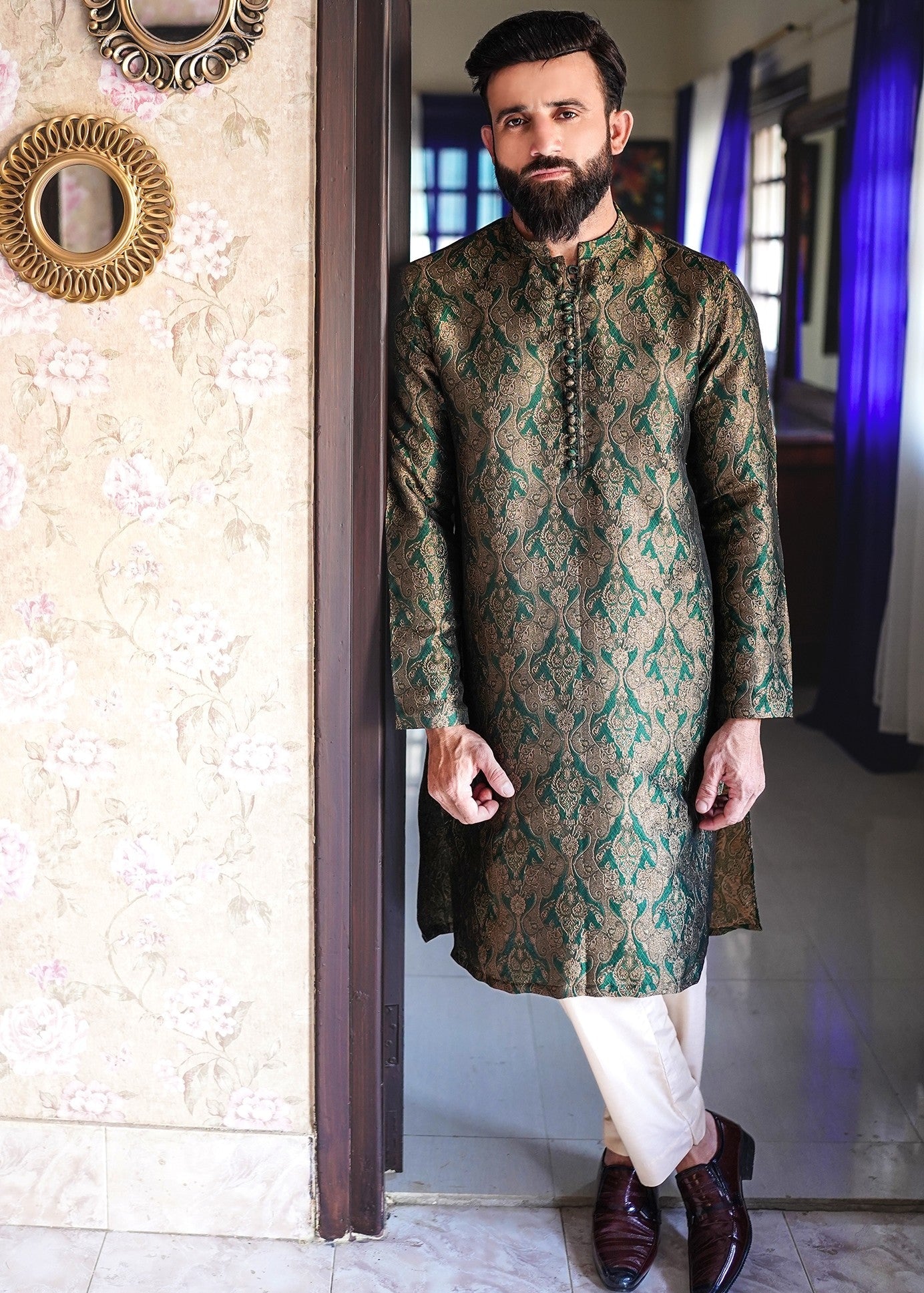 jamawar Kurta in Green