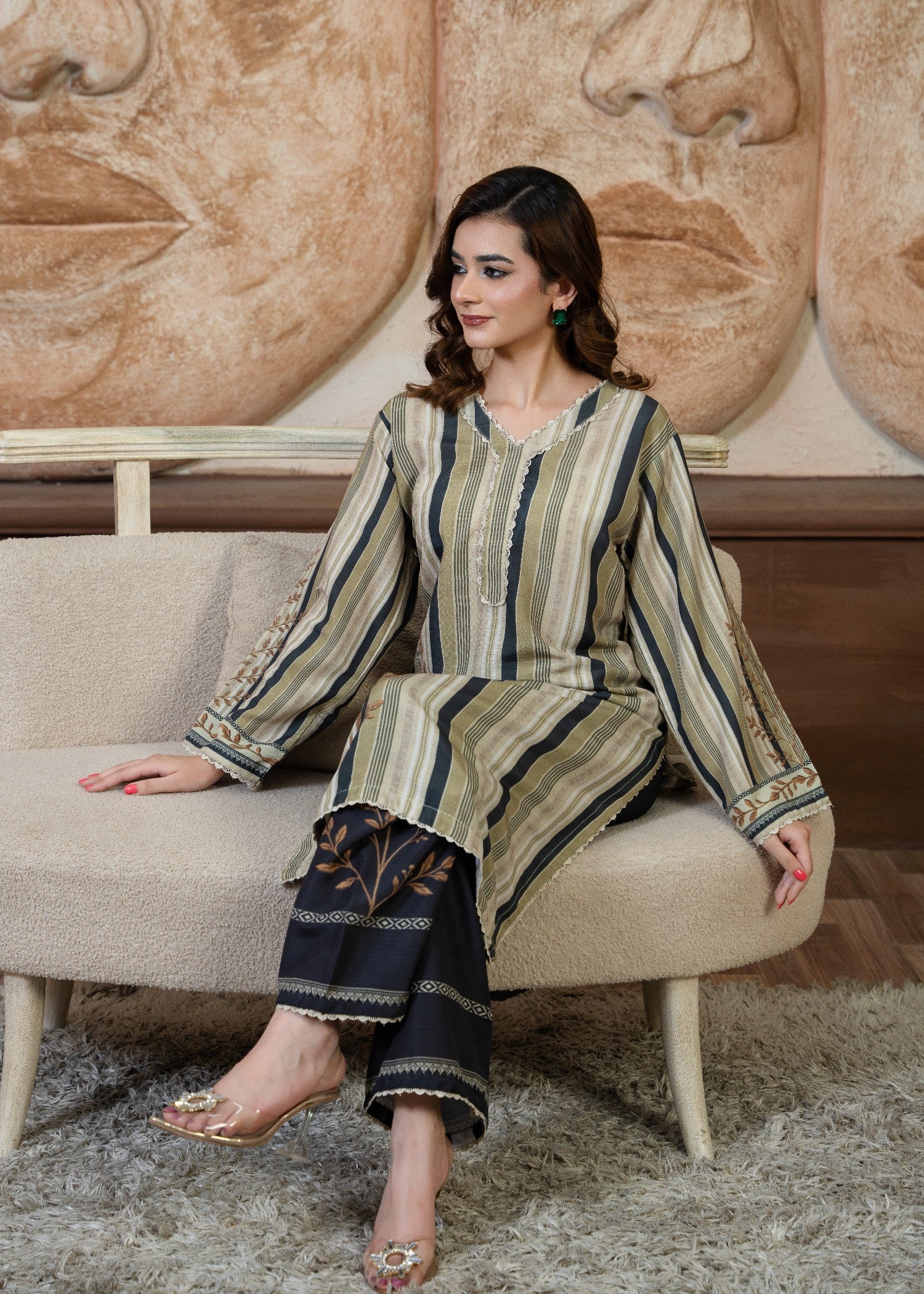 poly viscose Kurta Set in Beige, olive green, deep black
