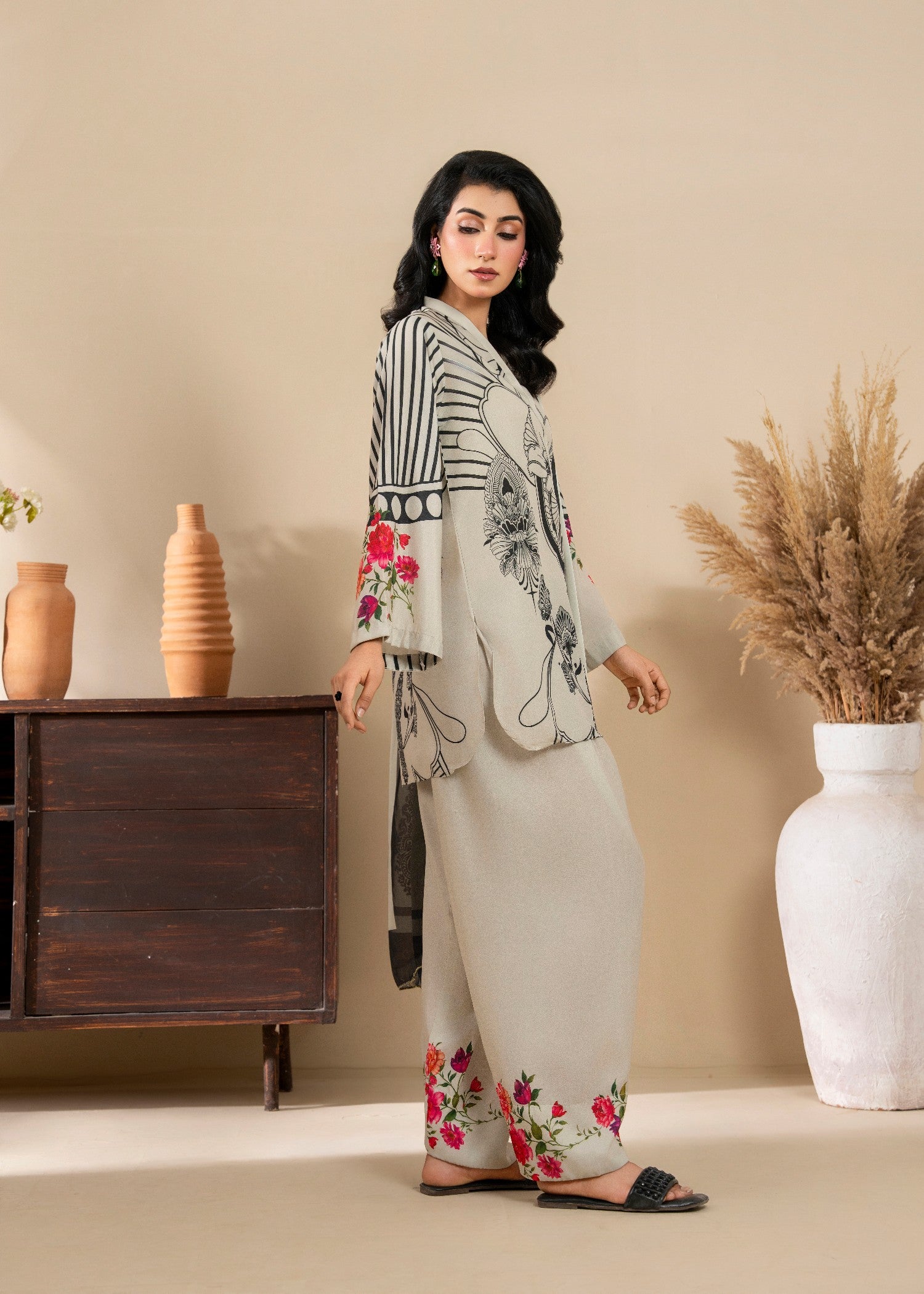 poly lawn Kurta Set in Ash grey