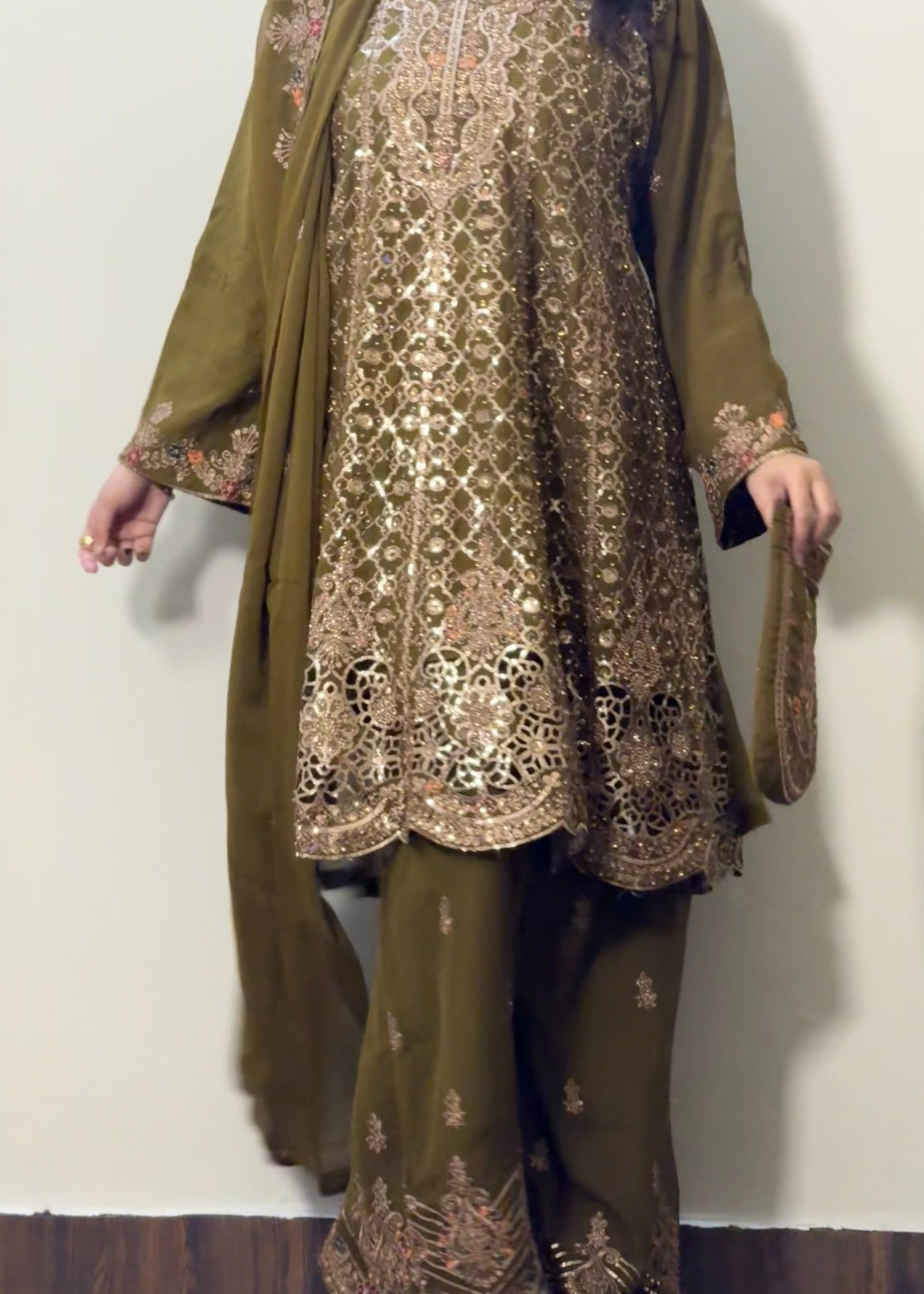 chiffon Short Frock in Olive green