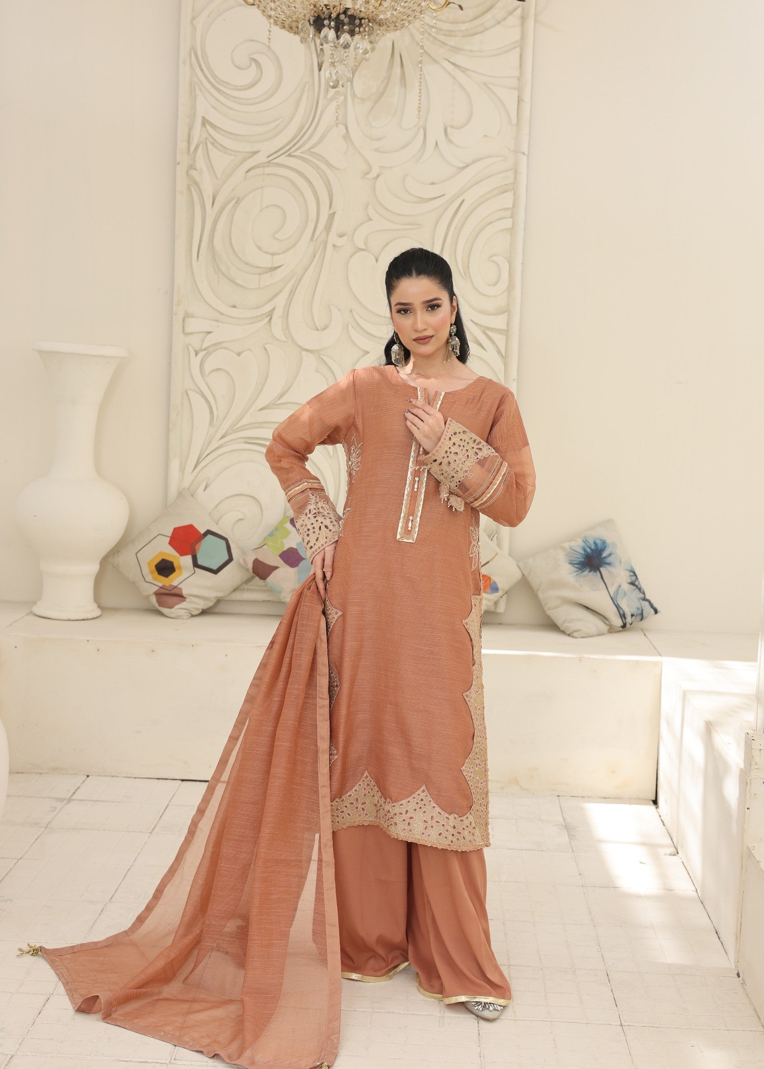 khaddi net Kurta Set in Desert orange