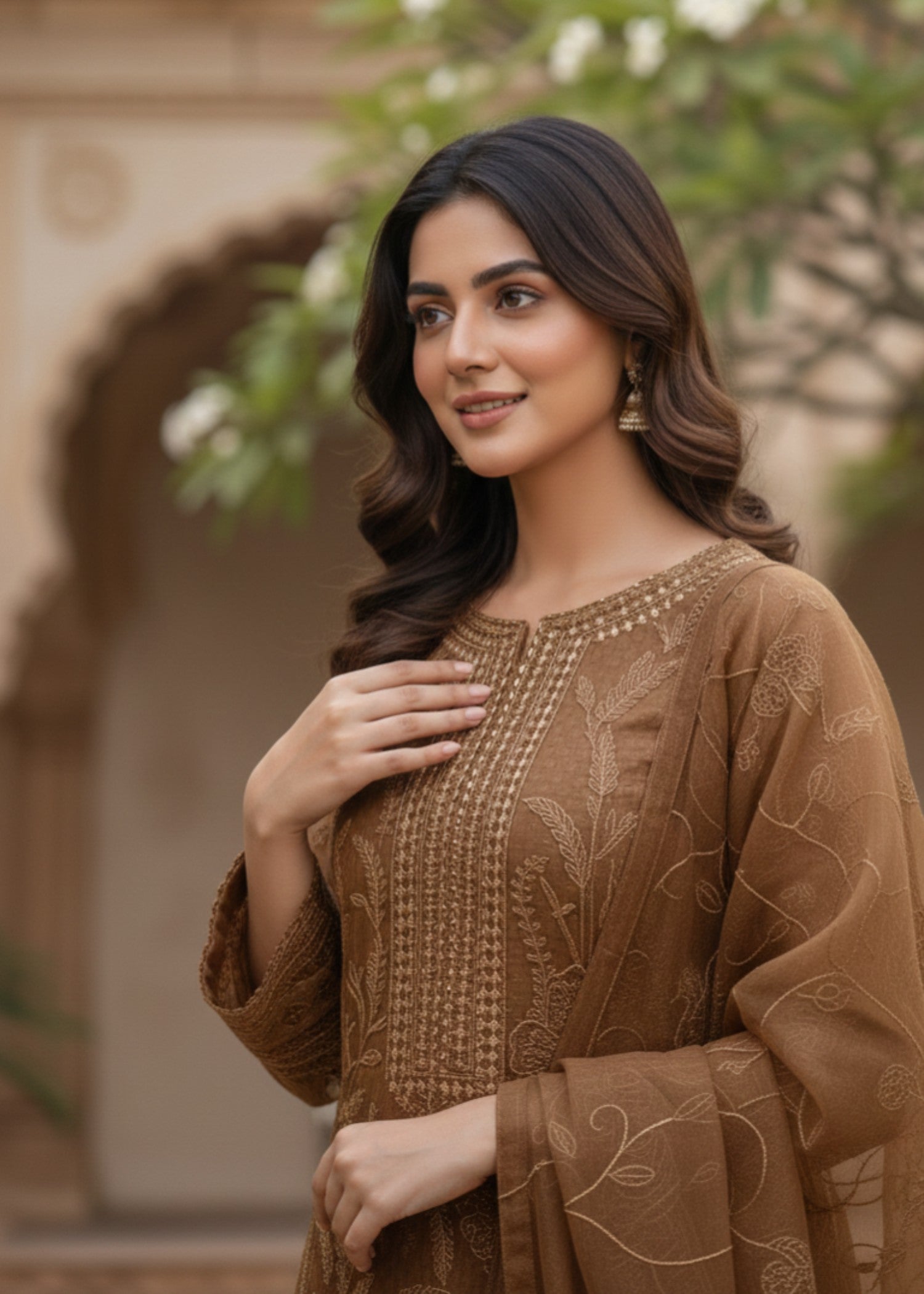 organza net Kurta Set in Brown