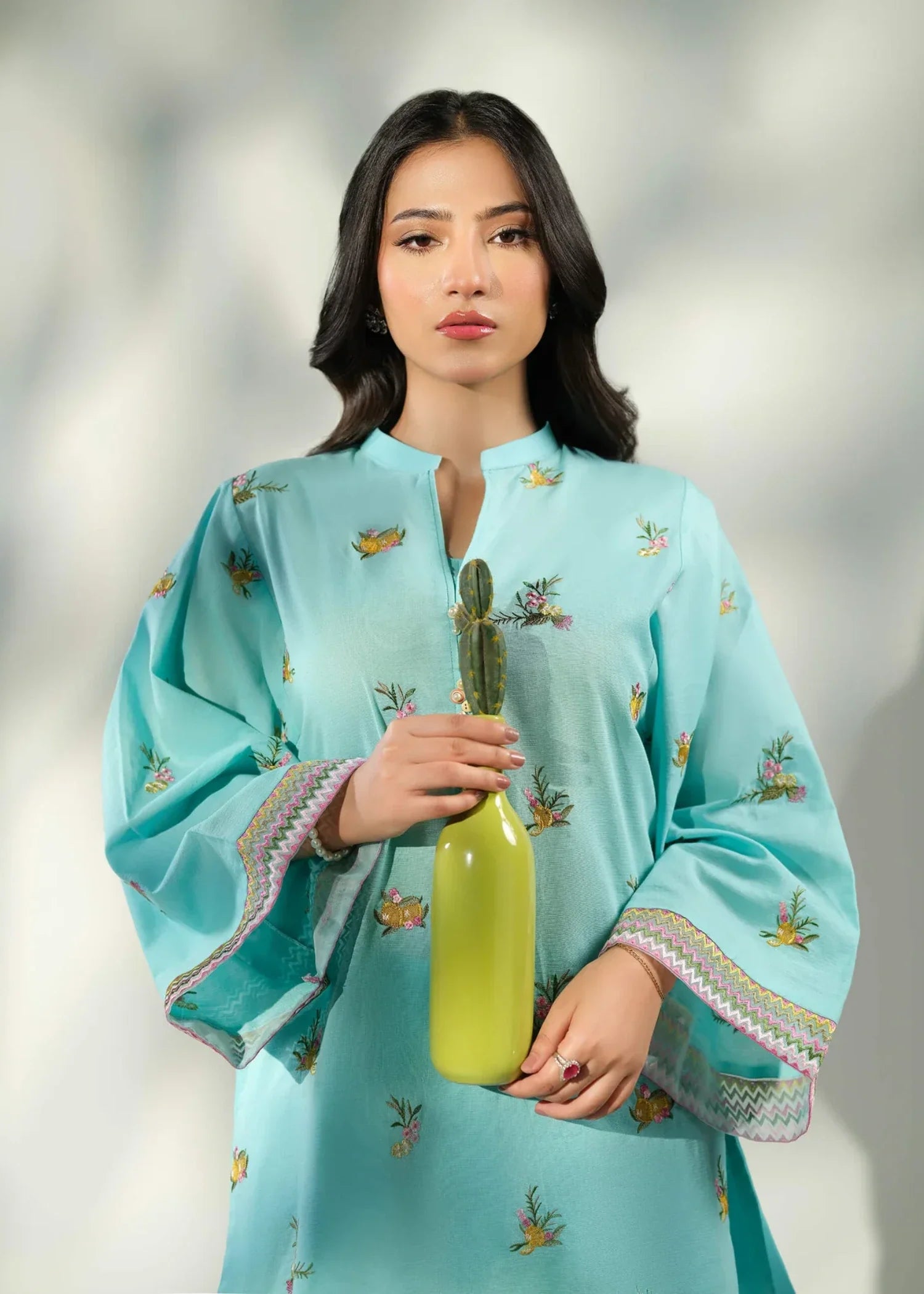 ribbed lawn Kurta Set in Aquamarine