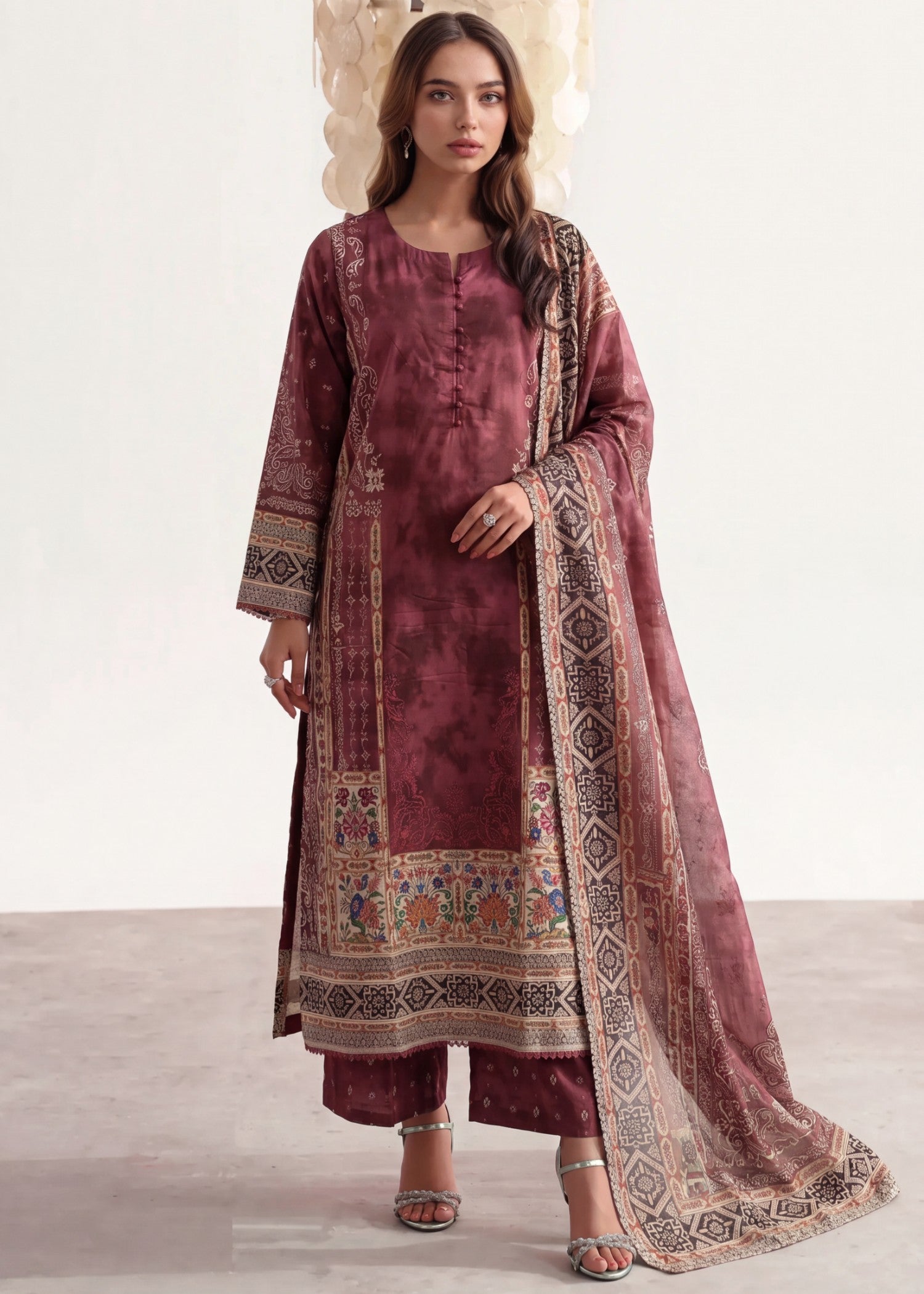 poly lawn Kurta Set in Dark raspberry