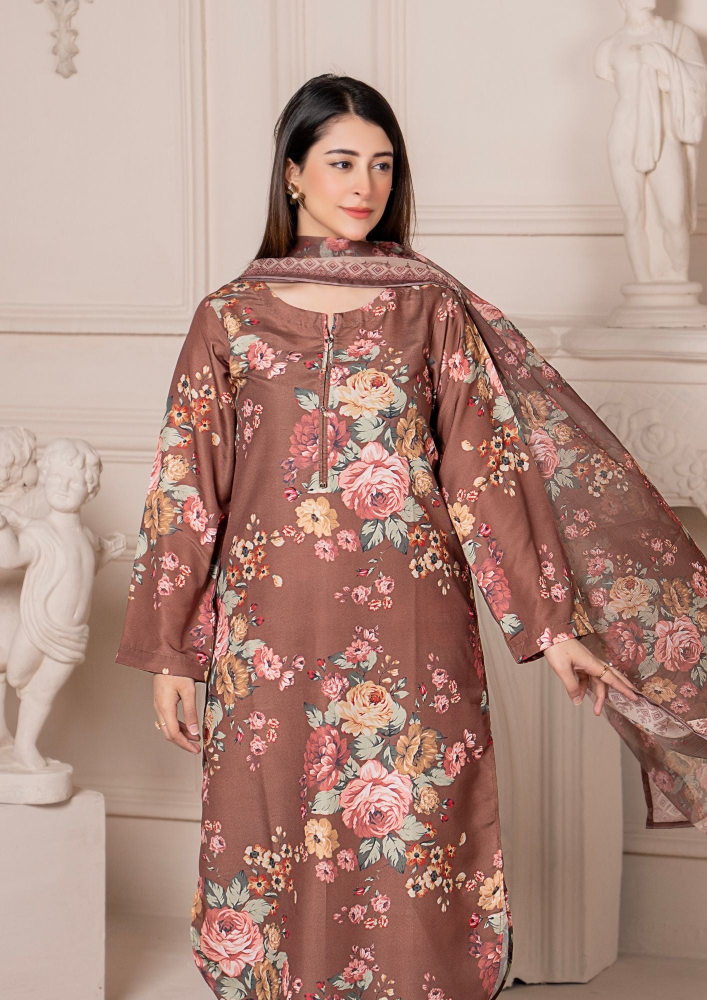 arabic lawn Kurta Set in Brown