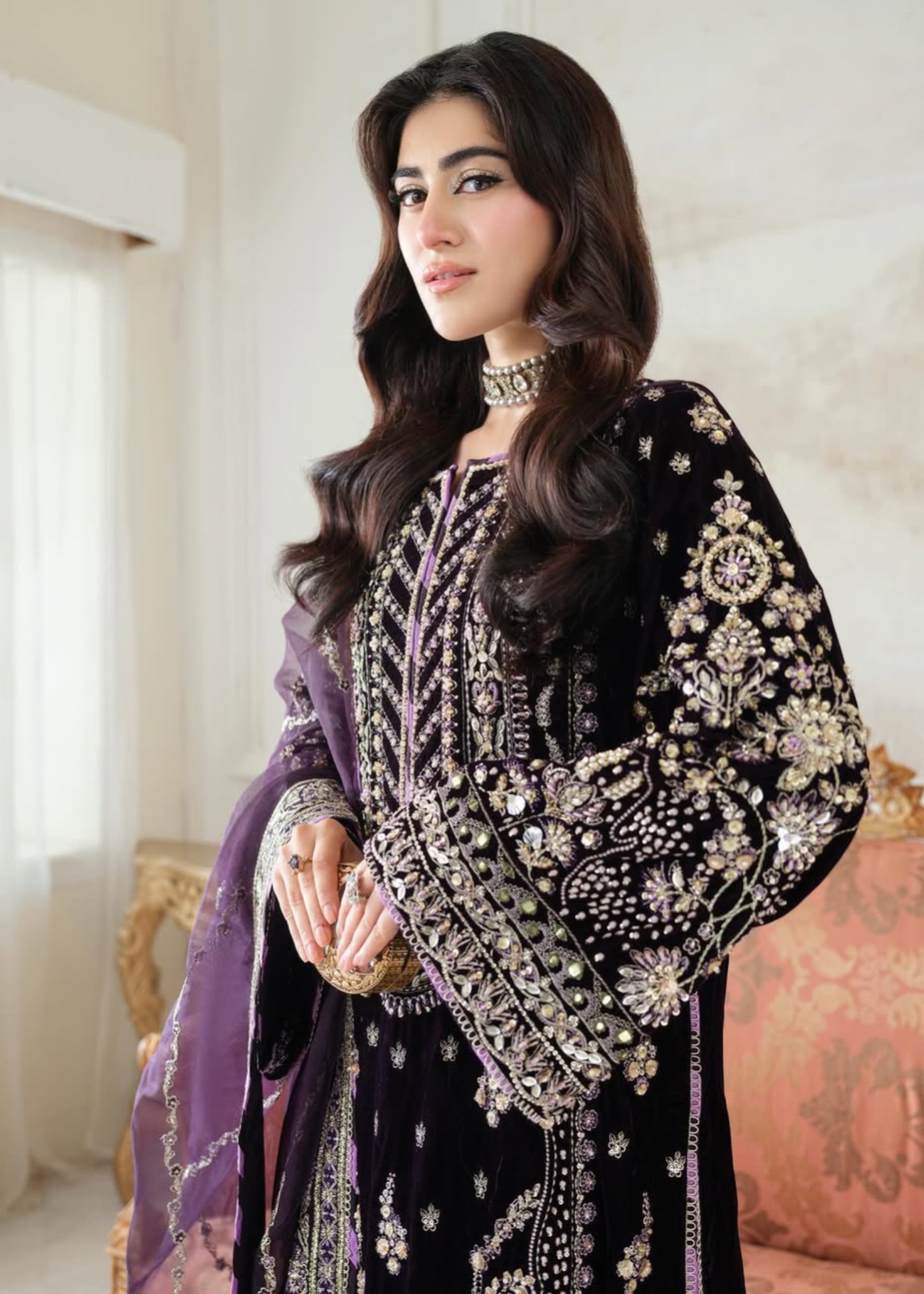 velvet Kurta Set in Plum purple