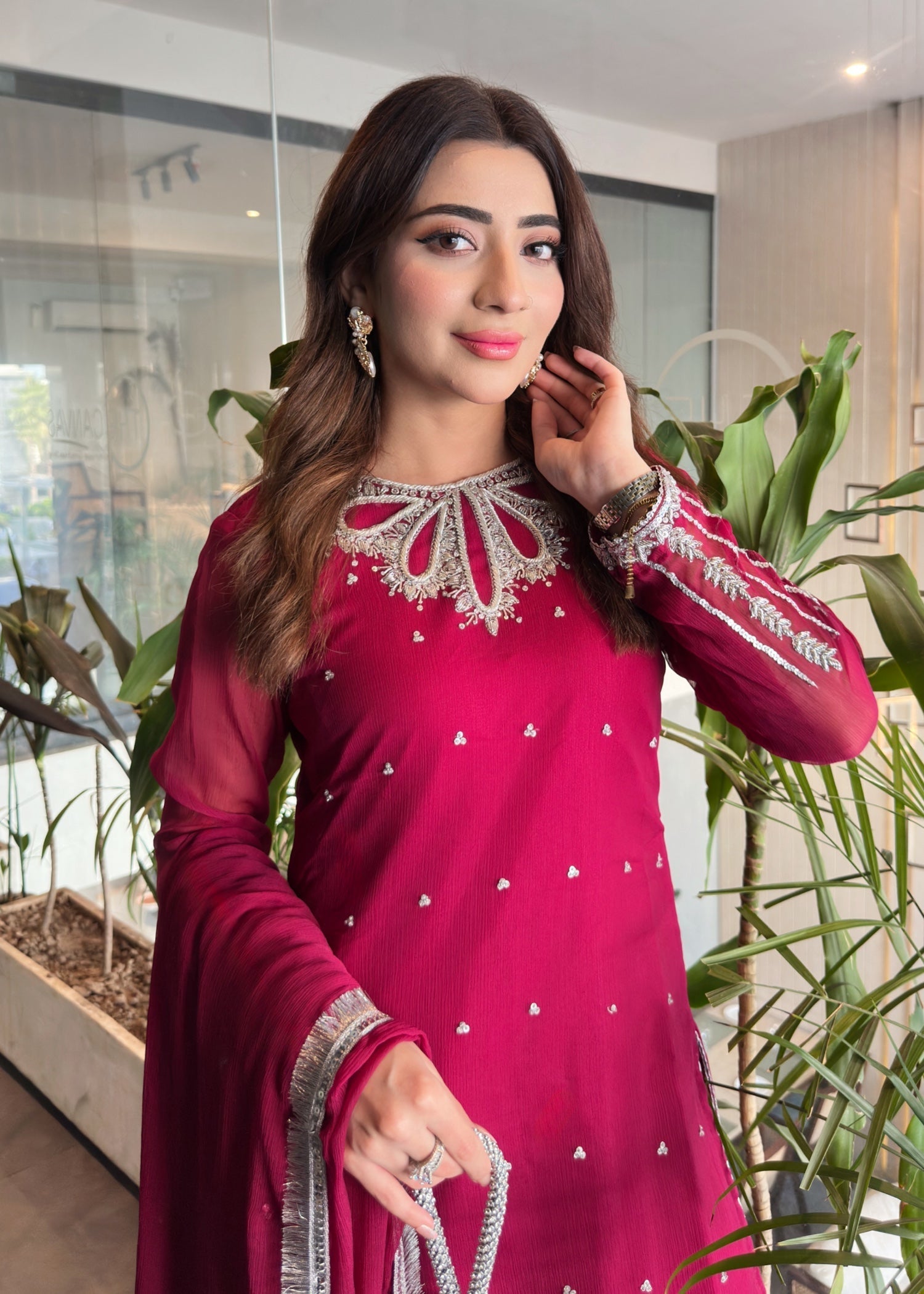 chiffon Kurta Set in Magenta haze